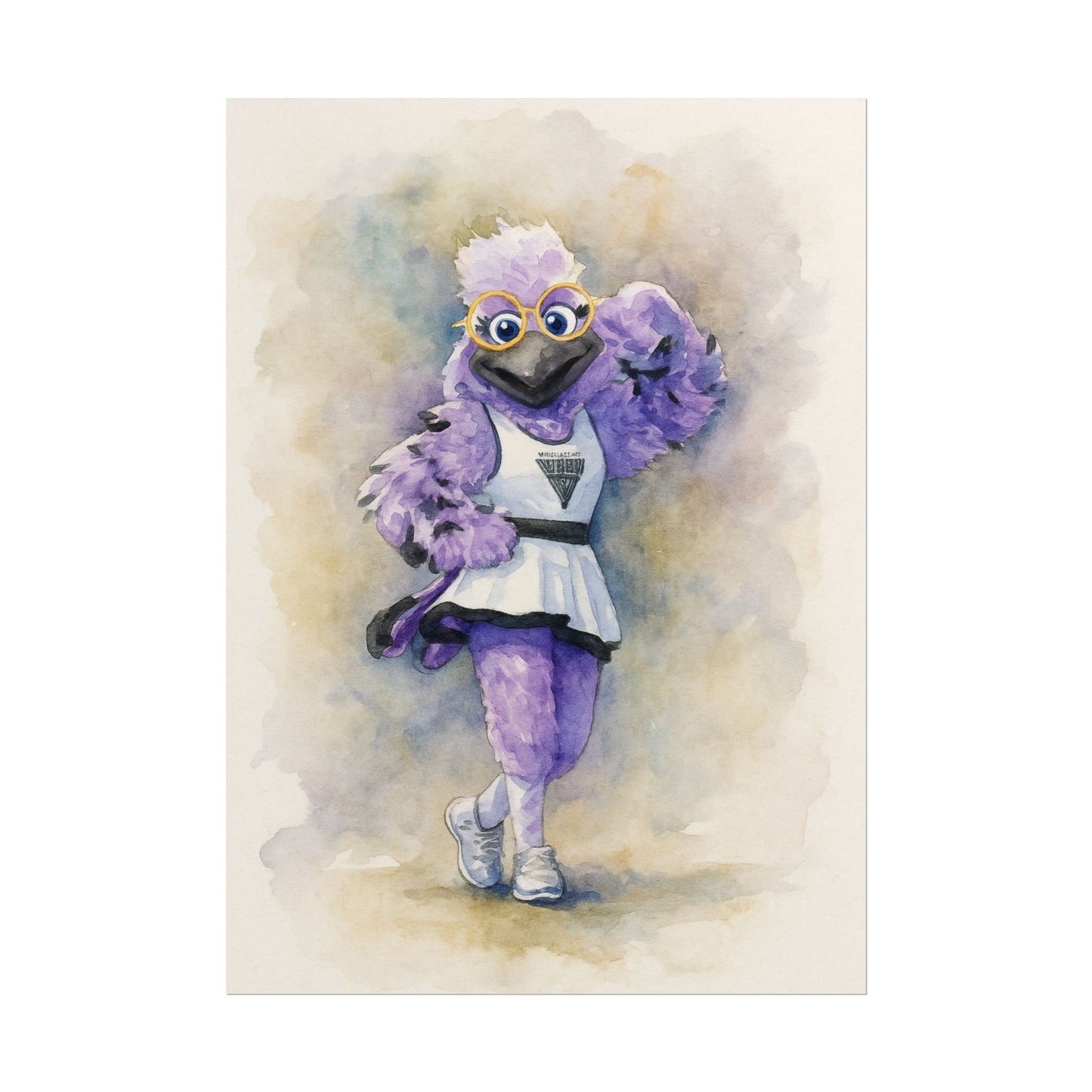 Violet Raven with glasses and a sports outfit on a watercolor background