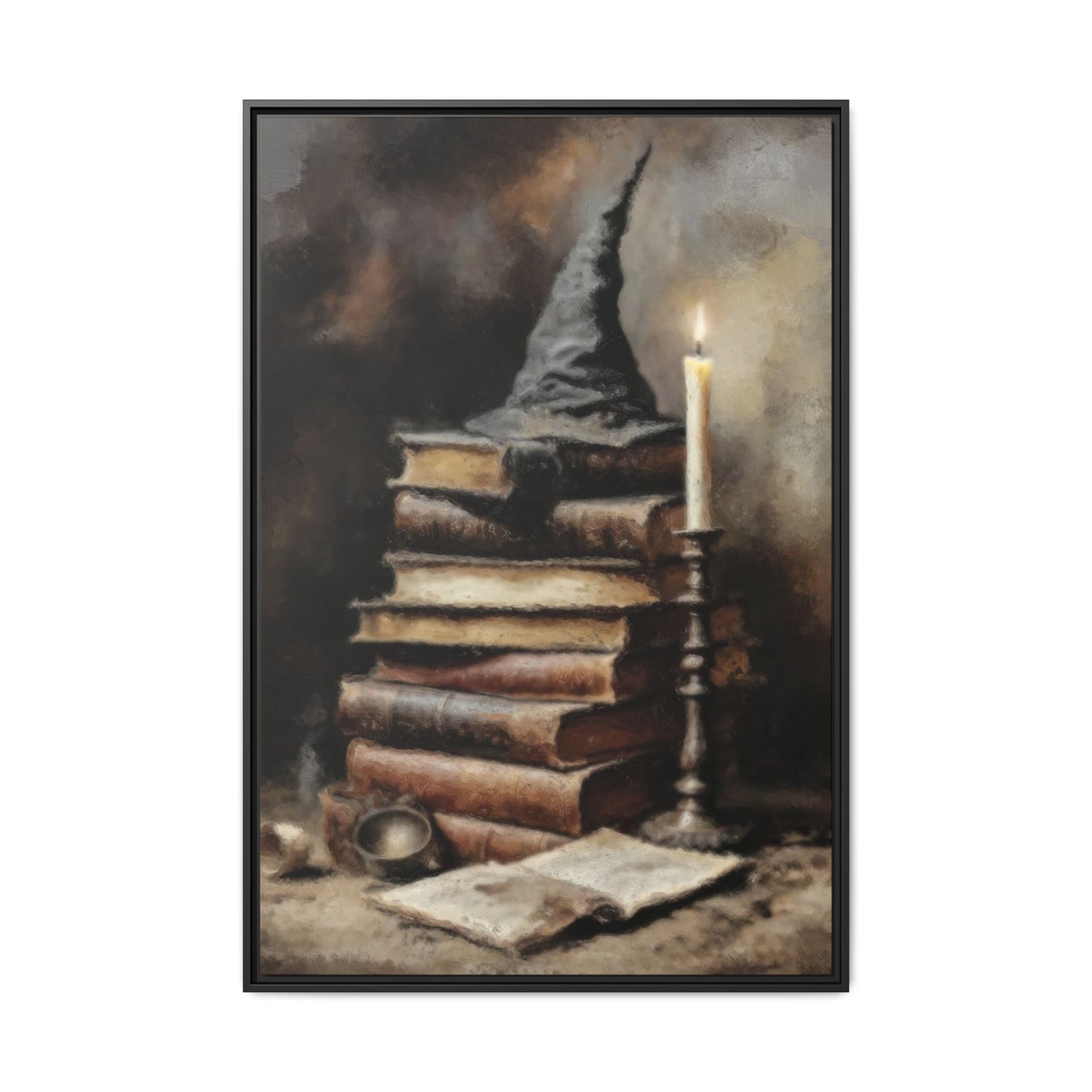 Framed artwork of a wizard's hat on books with a candle, on a white background