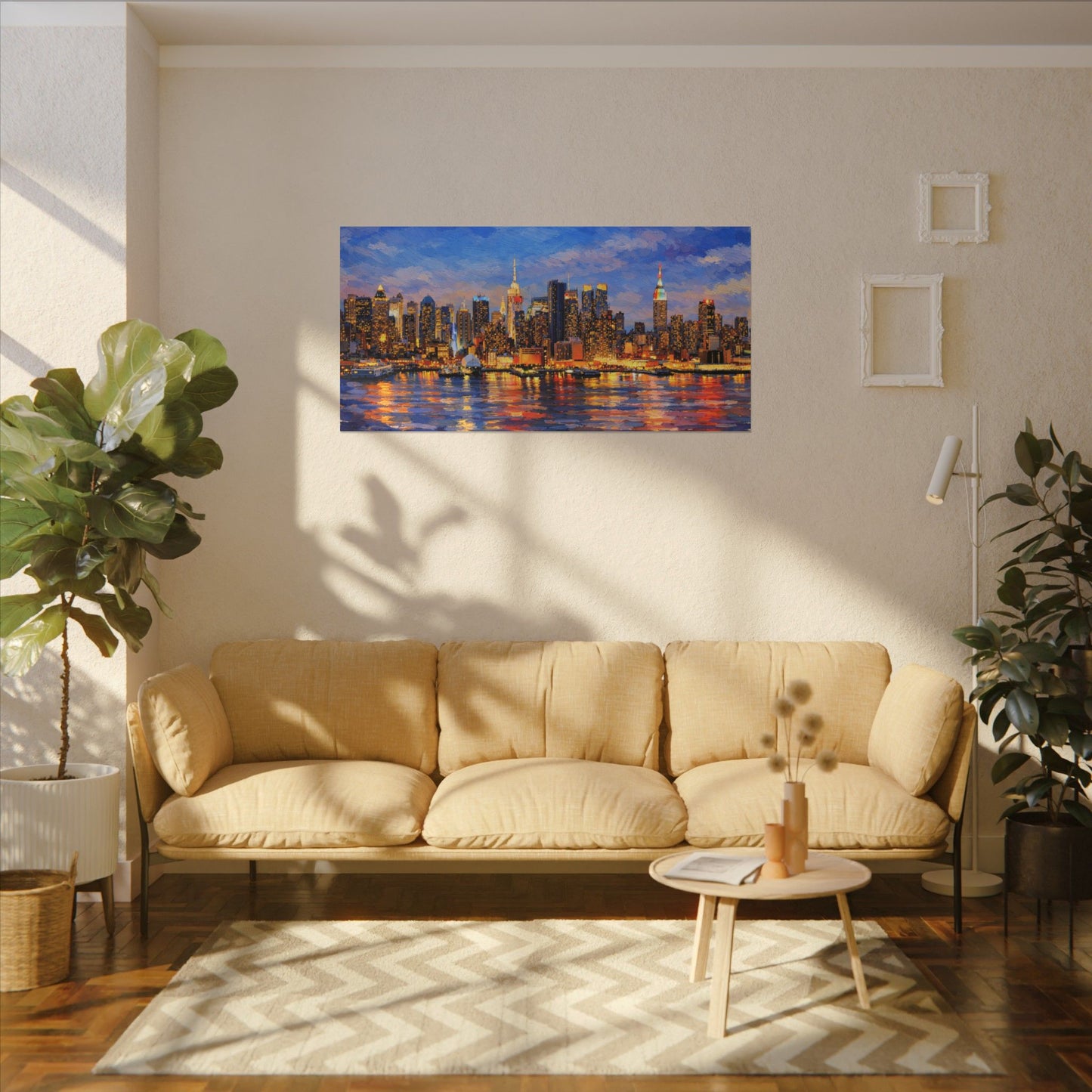 New York City Skyline Canvas Wall Art – Night Waterfront Impasto Cityscape Painting