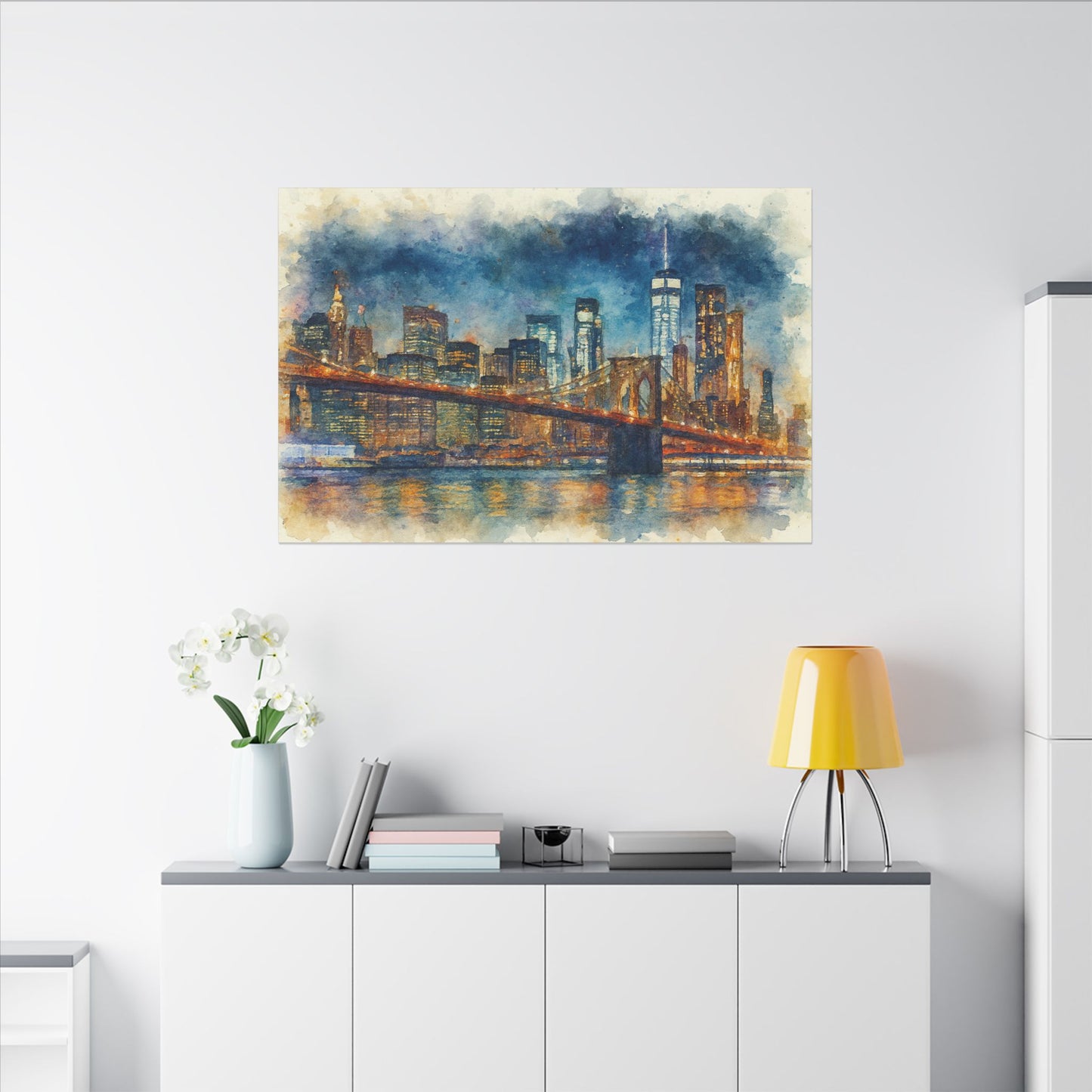 NYC Skyline Watercolor Art Print, Brooklyn Bridge Night Painting, New York City Wall Decor, Skyline Canvas Print, Urban Landscape
