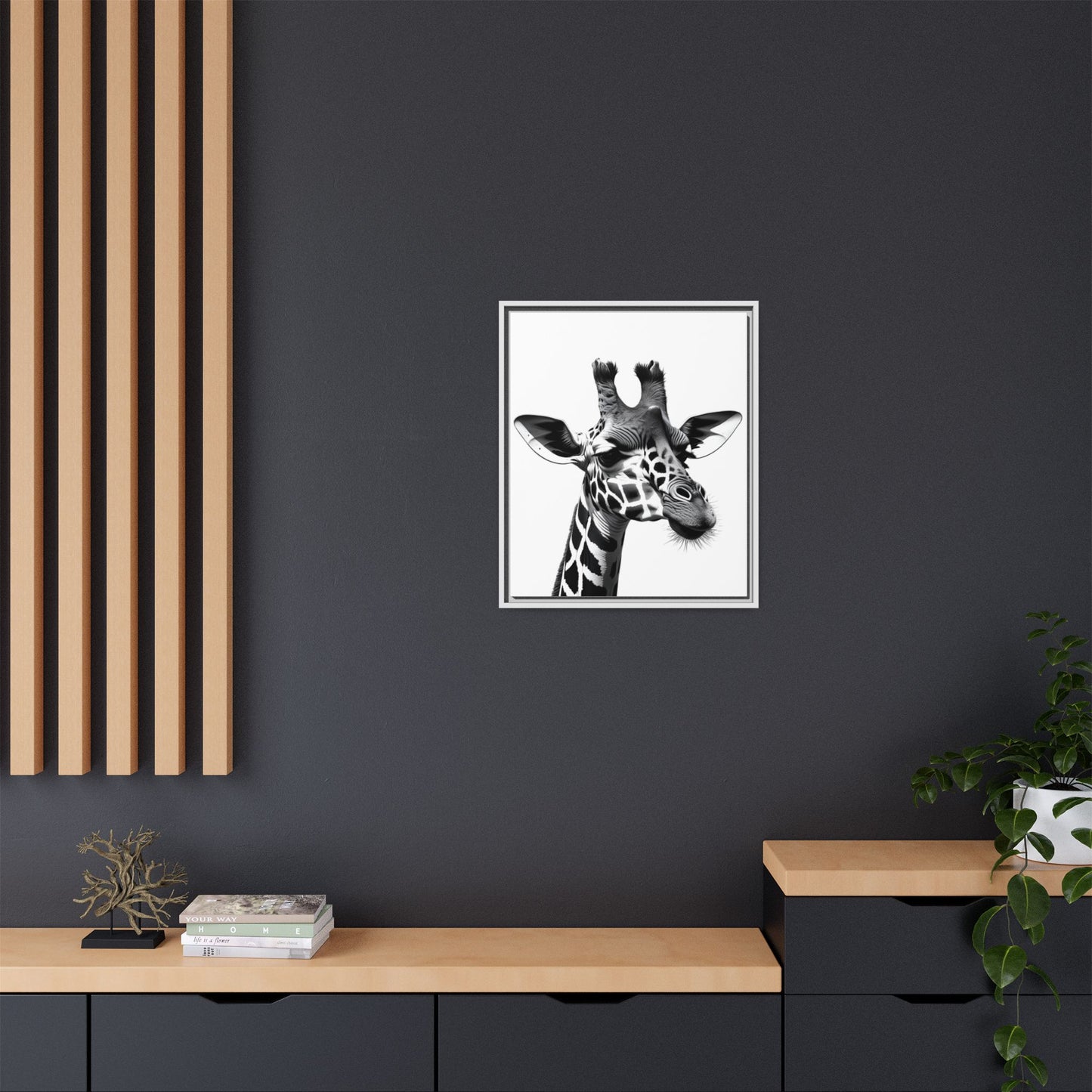 Black and White Giraffe Wall Art – Framed Safari Animal Canvas Print