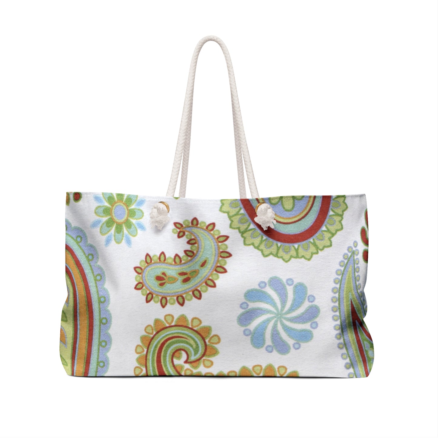 Colorful patterned tote bag on a white background