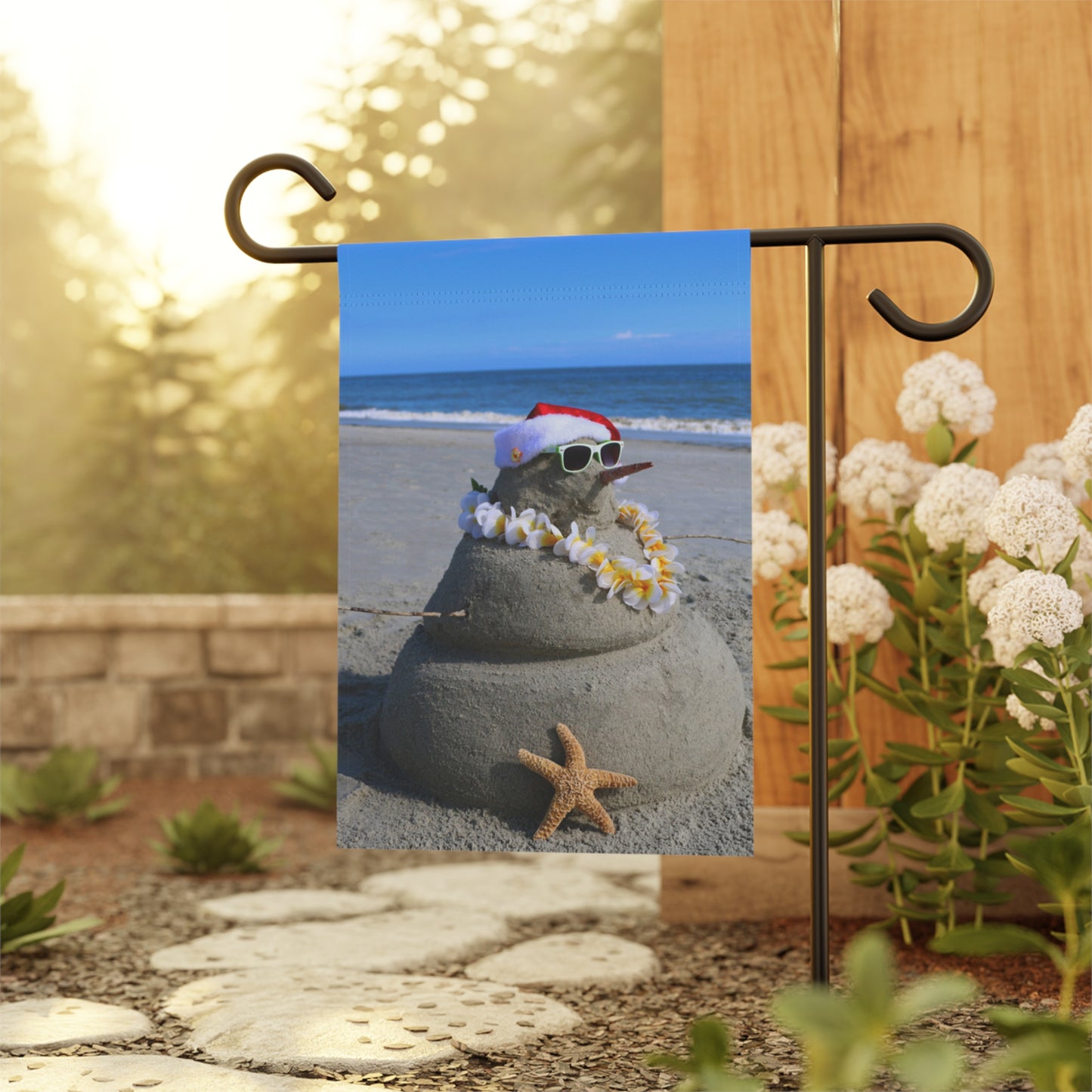 Sand Castle Snowman Garden Flag, Coastal Holiday Decorations, Seaside Holiday Decor