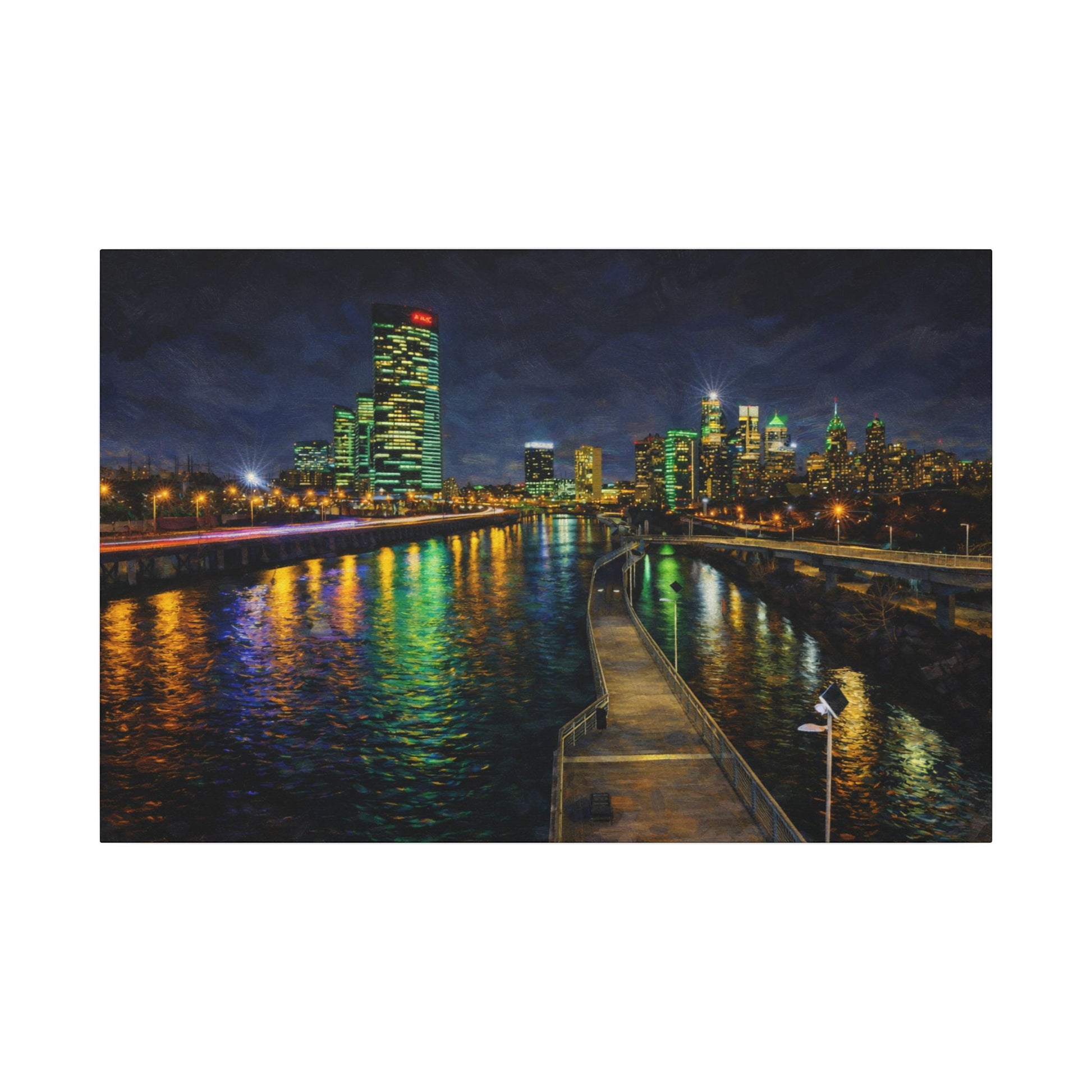 City skyline at night with illuminated buildings reflected in water, viewed from a dock.