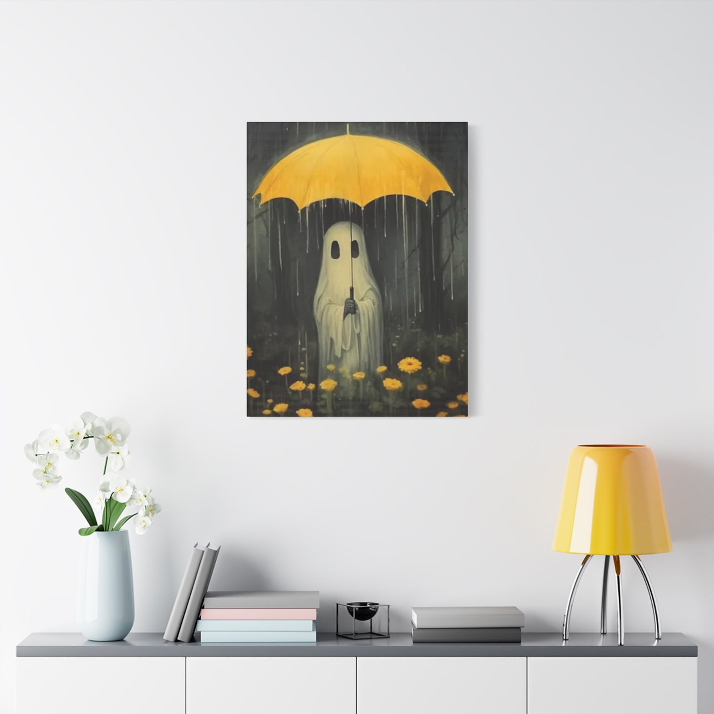 Painting of a ghost holding a yellow umbrella on a wall above a shelf with decor items.