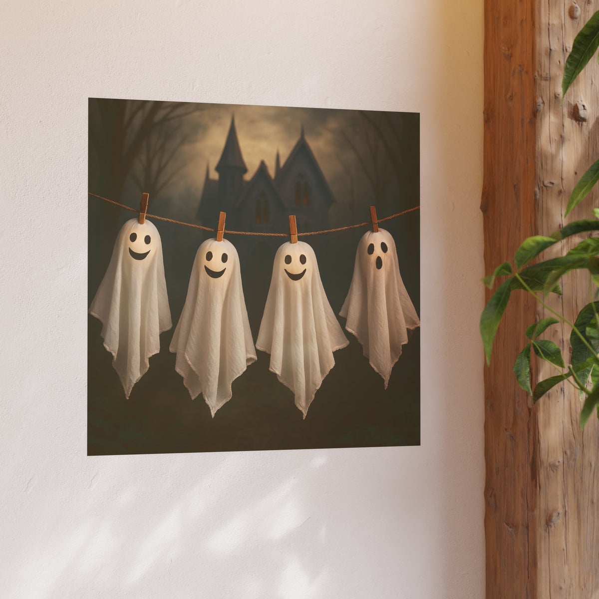 Friendly Halloween Ghosts Poster Art, Smiling Ghosts Clothesline Print