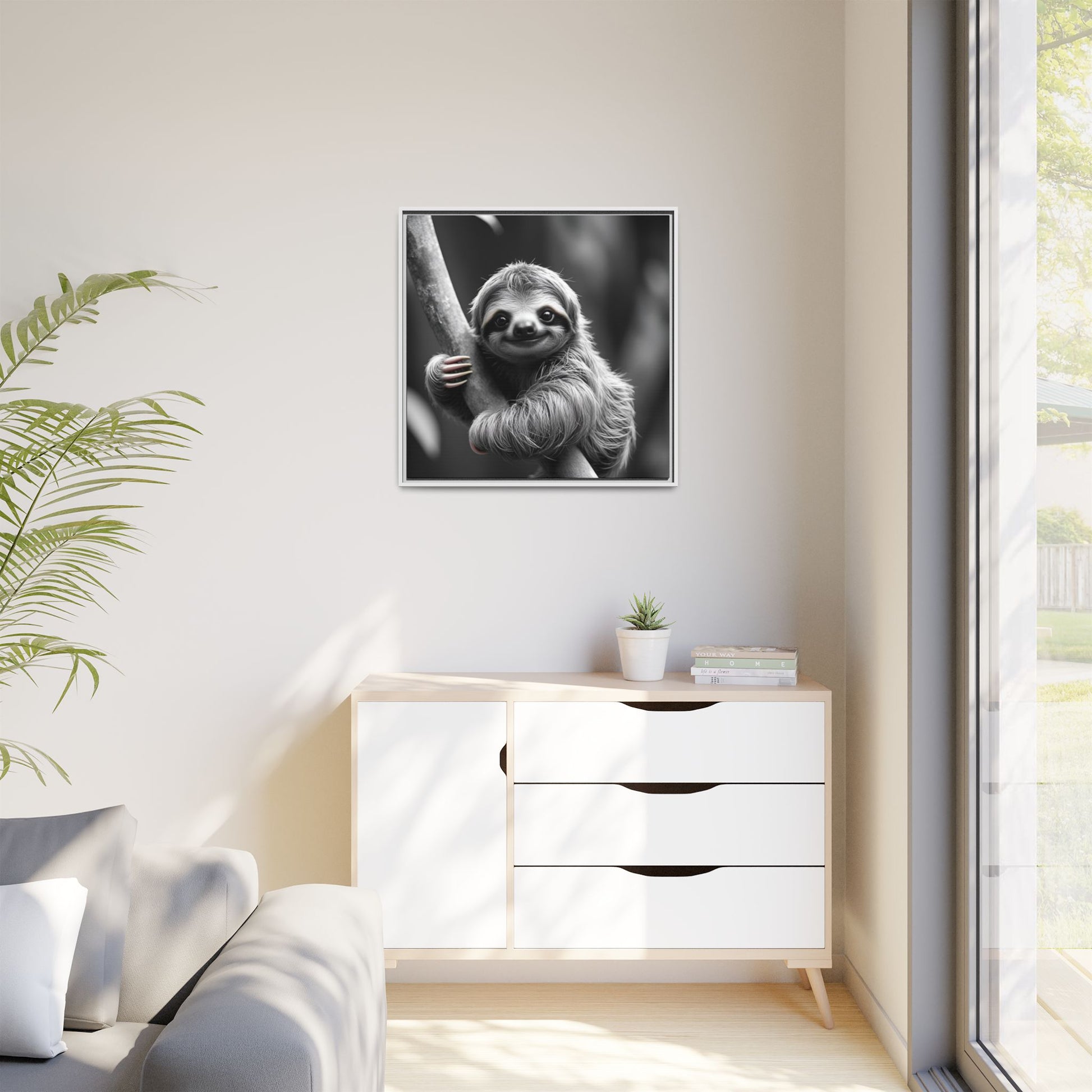 Sloth artwork on a wall above a white cabinet in a bright room with a plant.