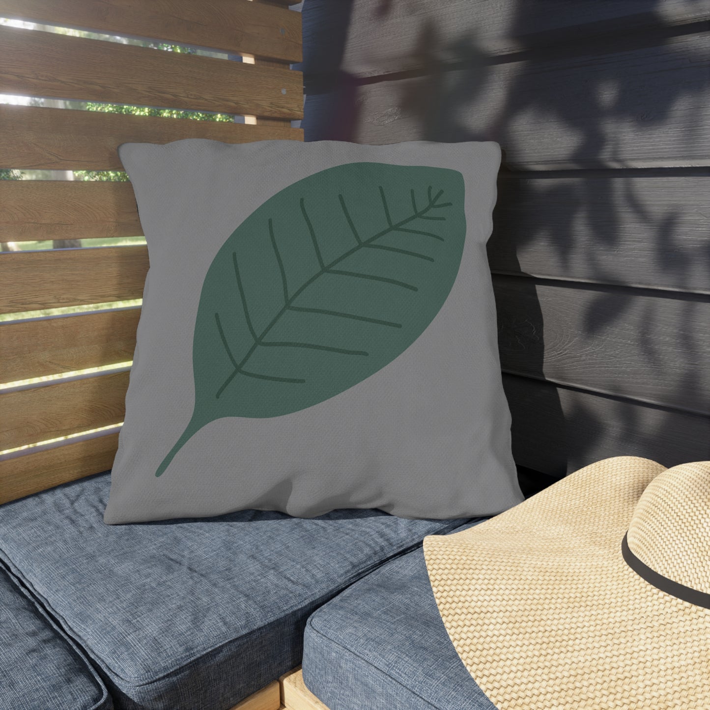 Green Leaf & Grey Outdoor Throw Pillow | Tropical Botanical Patio Cushio
