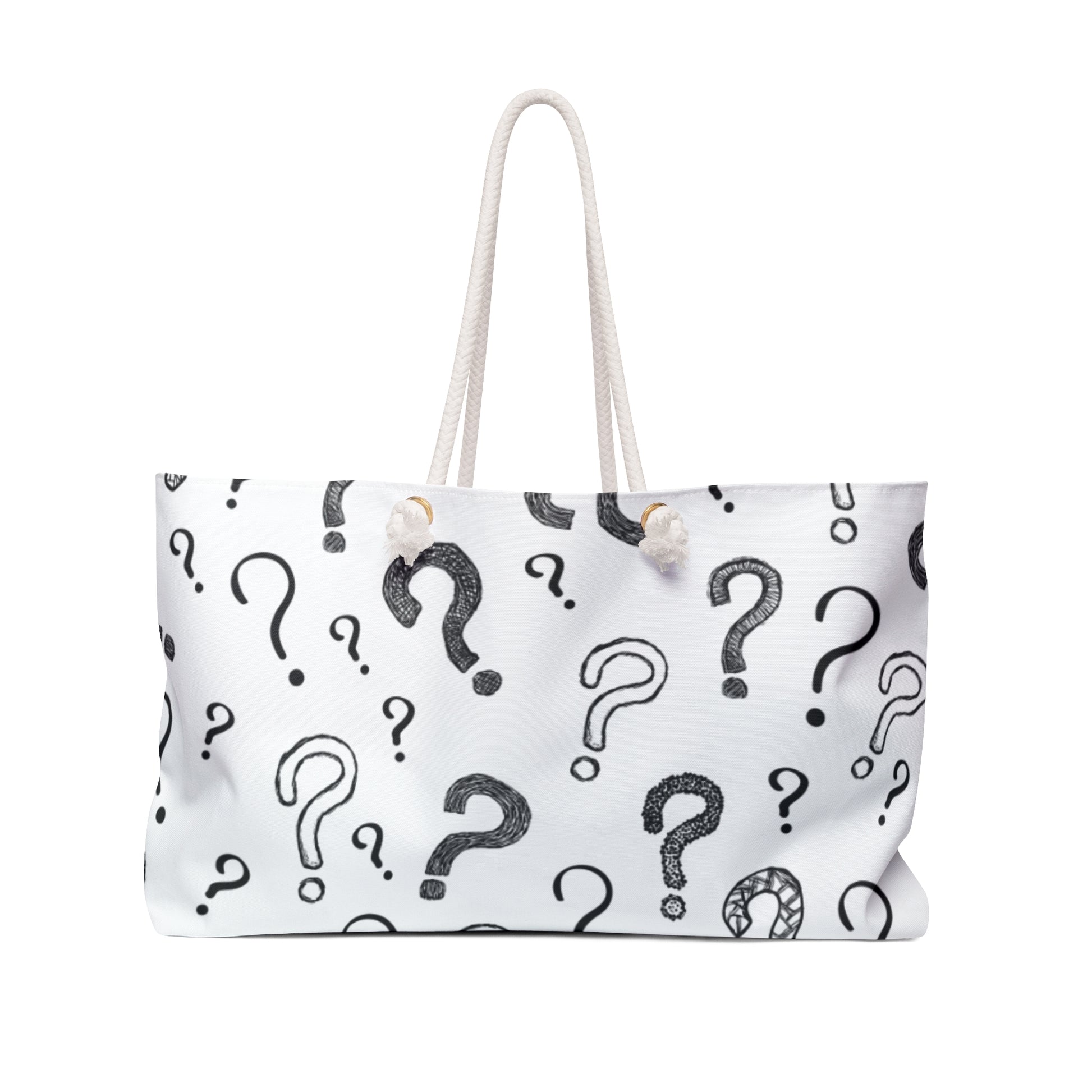 White tote bag with black question mark pattern on a white background