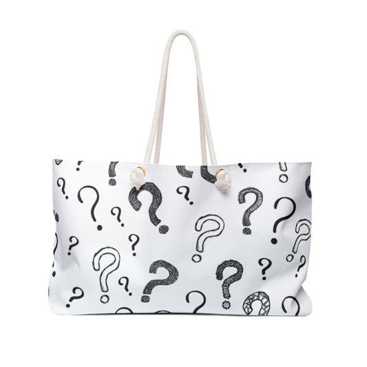 White tote bag with black question mark pattern on a white background