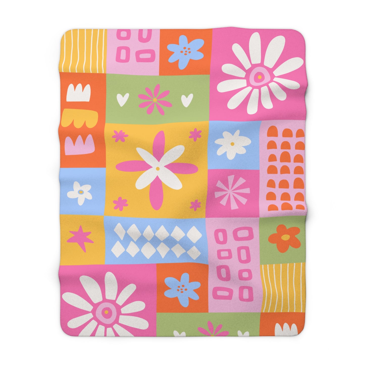 Cozy Floral Patchwork Sherpa Blanket — Retro Daisy Fleece Throw
