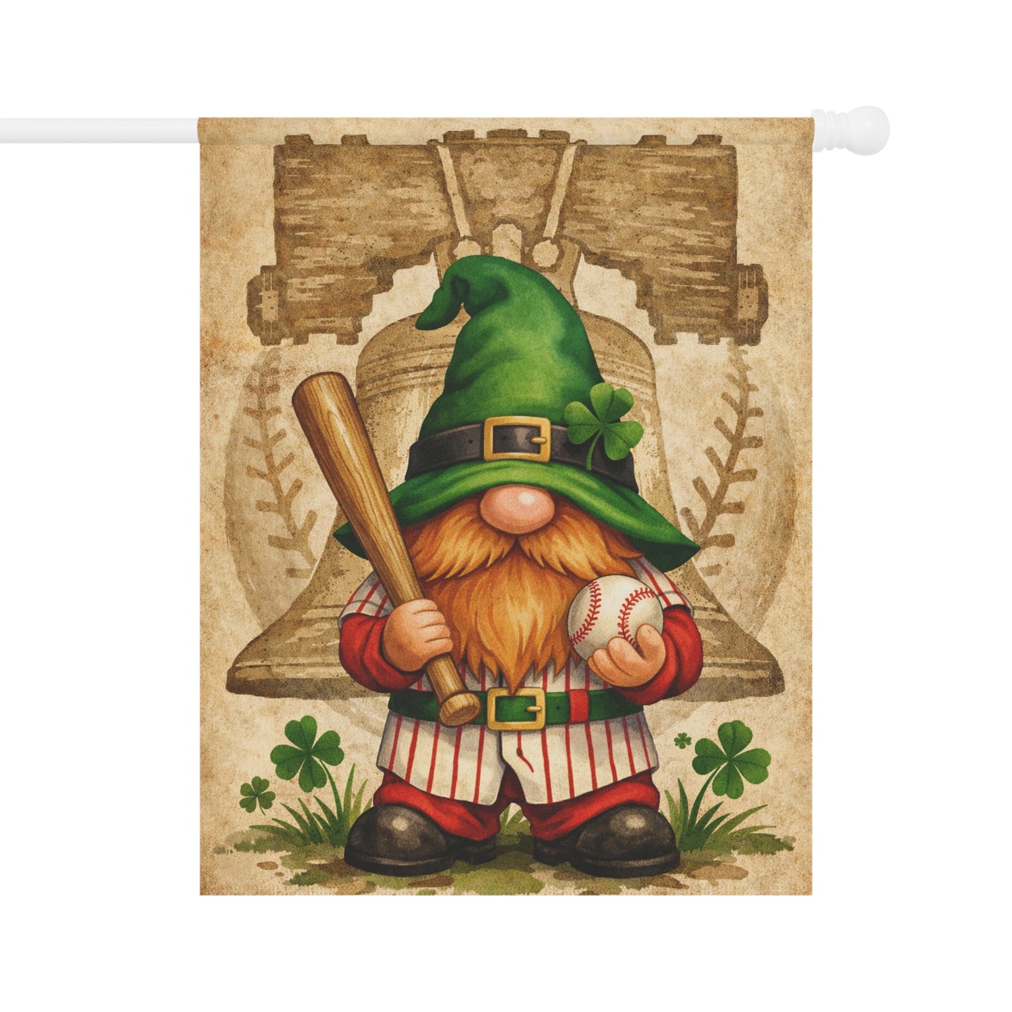 St Patrick’s Day Gnome Garden Flag – Irish Baseball Gnome with Liberty Bell & Shamrocks | Green Outdoor Decor