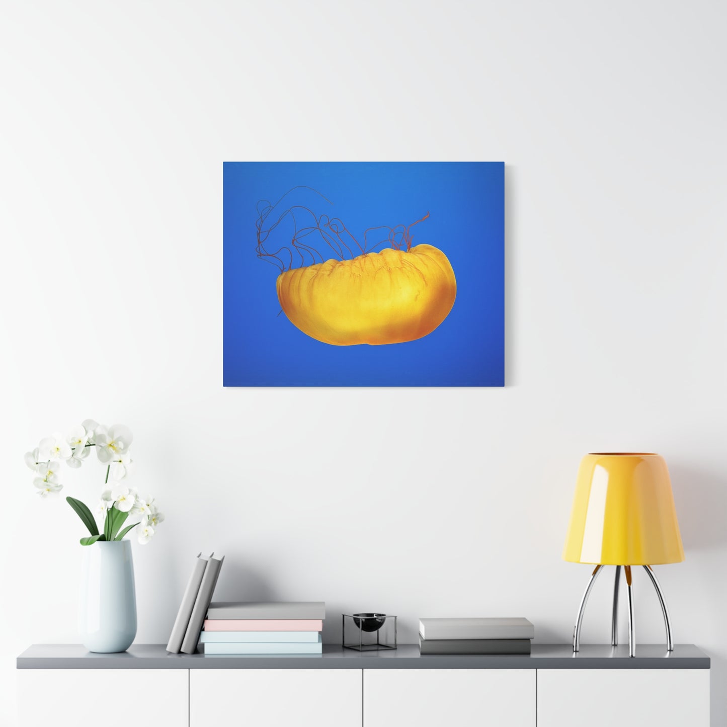 Golden Jellyfish Canvas Wall Art | Ocean Photography Print | Coastal Home Decor | Marine Life Artwork | Blue Sea Jellyfish Poster 1.25"
