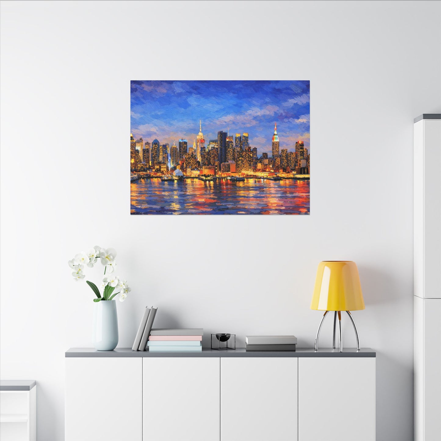 New York City Skyline Canvas Wall Art – Night Waterfront Impasto Cityscape Painting