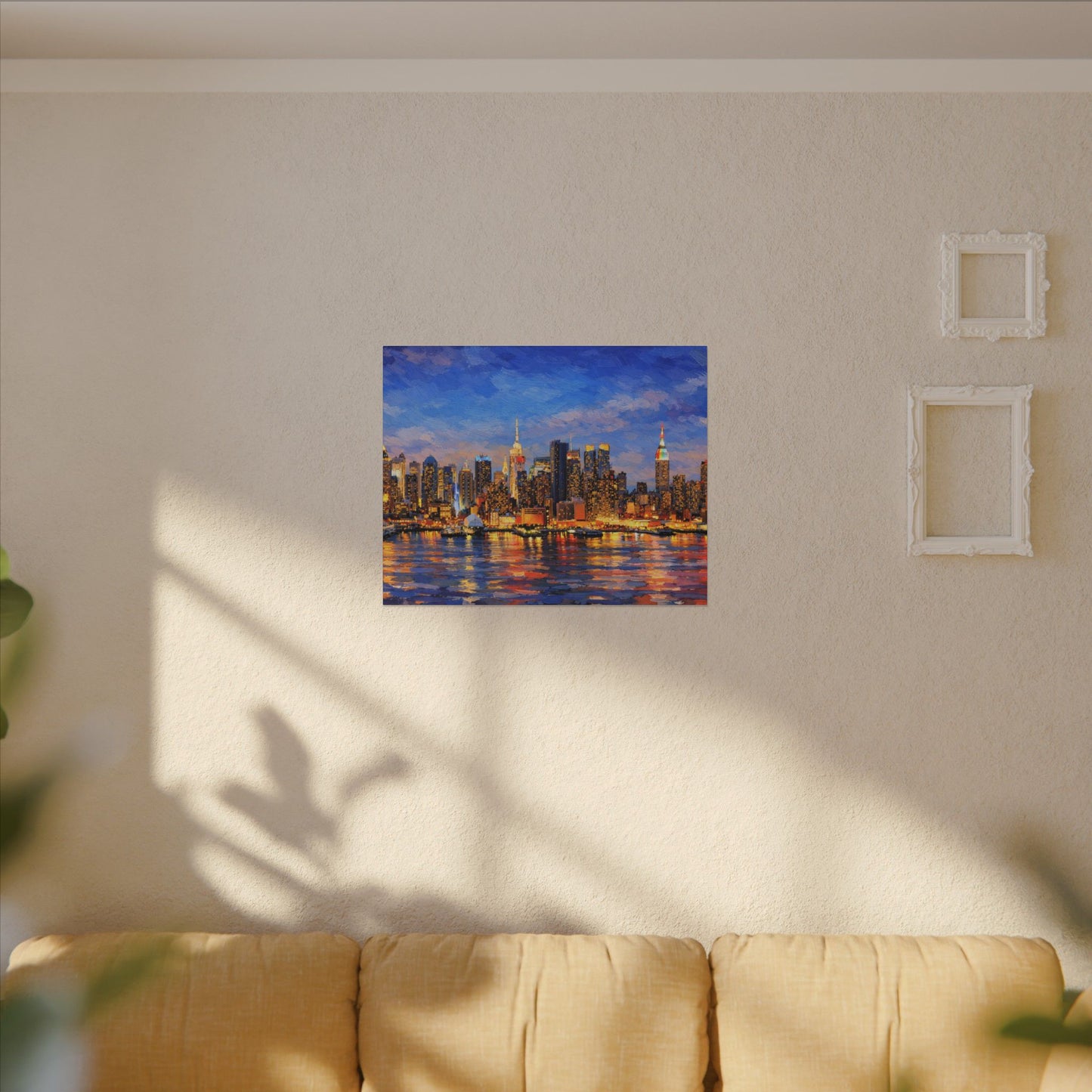 New York City Skyline Canvas Wall Art – Night Waterfront Impasto Cityscape Painting