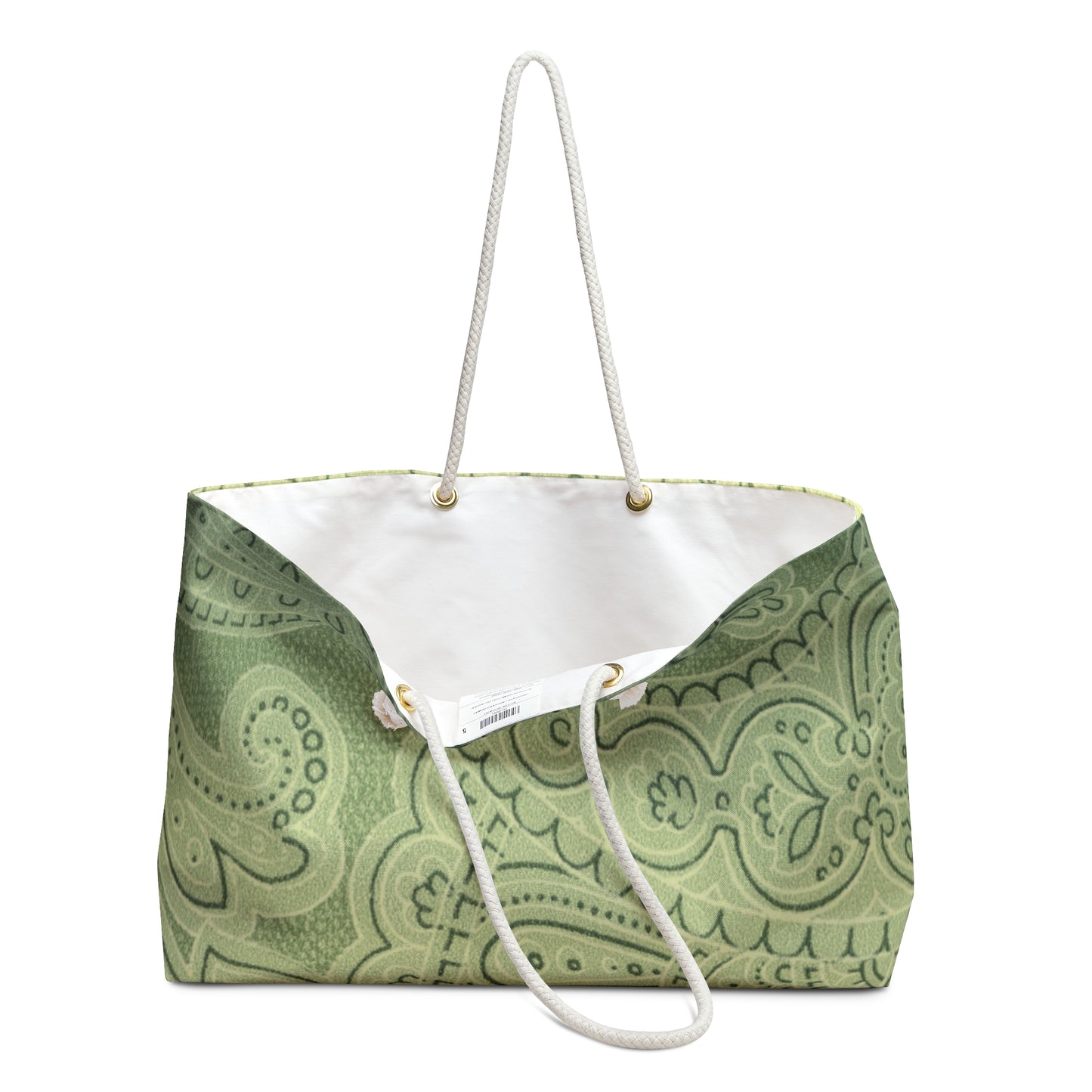 Green patterned tote bag with white handle on a white background