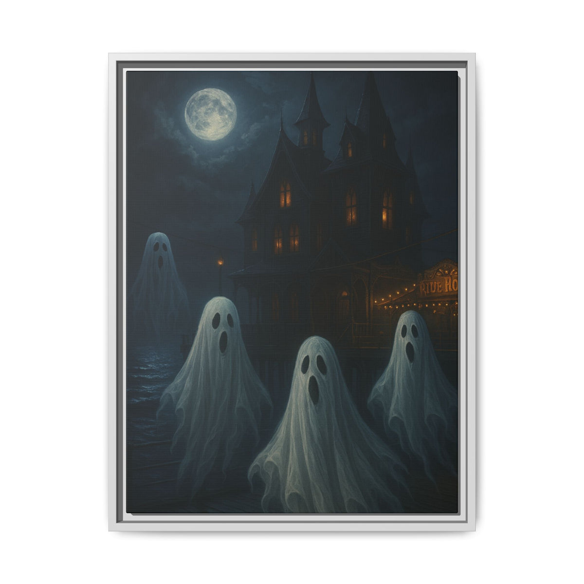 Haunted House Ghost Canvas Wall Art – Spooky Halloween Framed Art, Vintage Horror Decor, Gothic Night Scene Print