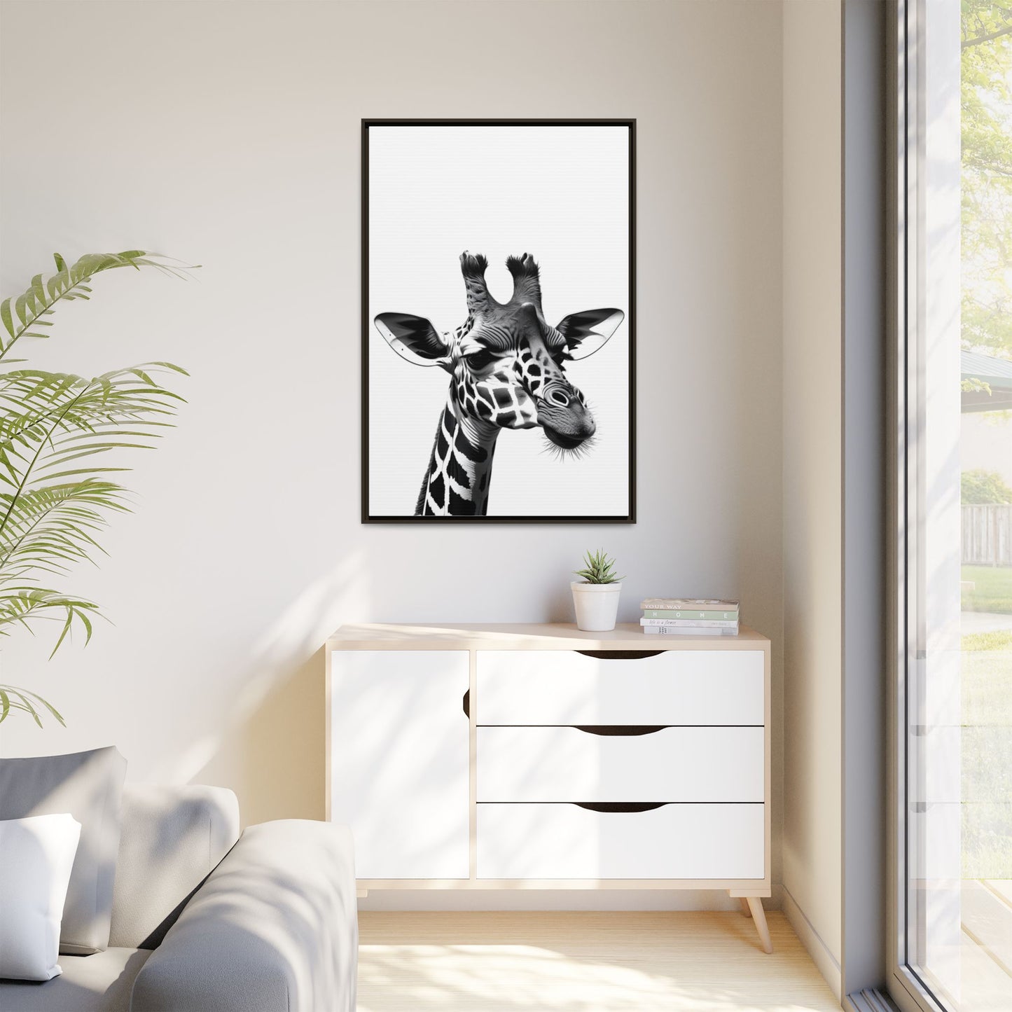 Black and White Giraffe Wall Art – Framed Safari Animal Canvas Print