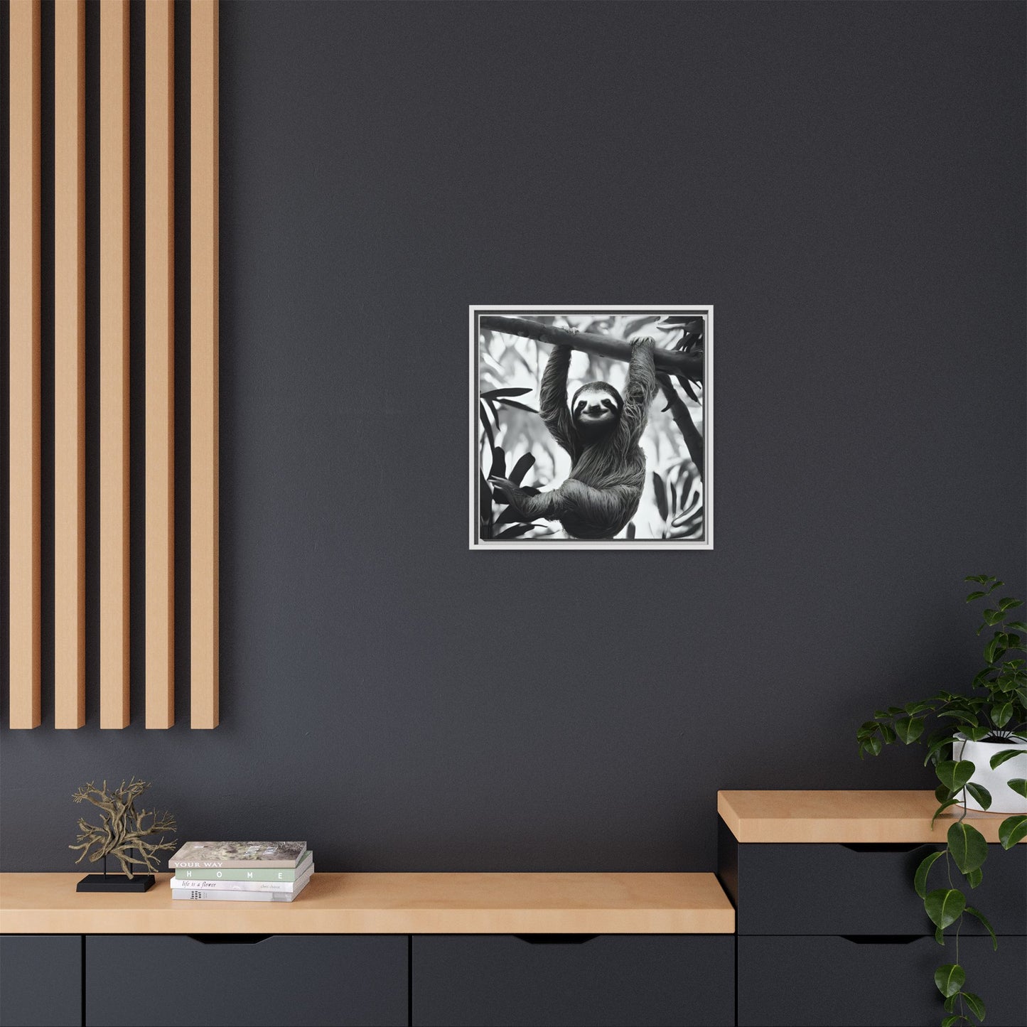 Playful Sloth Hanging from Tree Branch Black & White Animal Wall Art, Cute Sloth Photography Print, Jungle Theme Home Deco