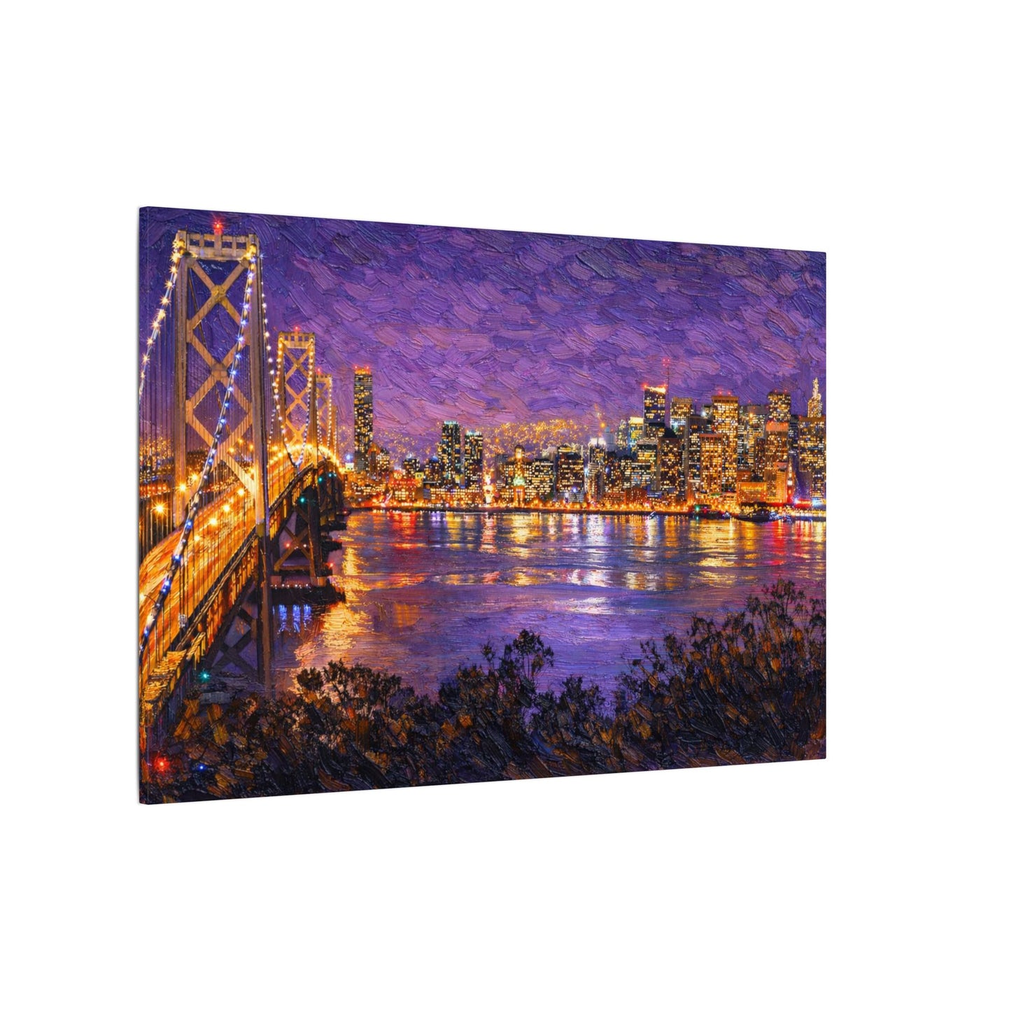 San Francisco Skyline Canvas Wall Art, Bay Bridge Night Painting, Impasto Style Artwork