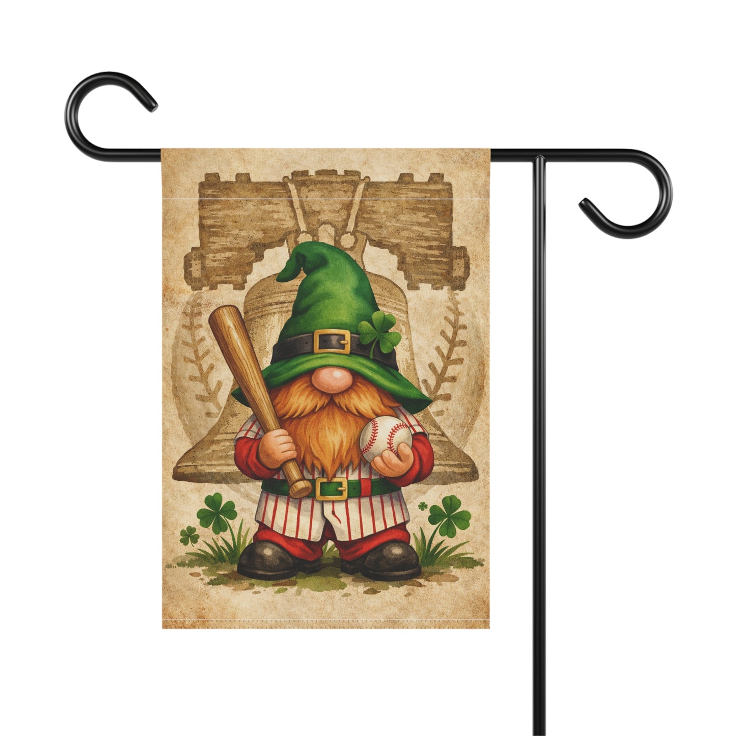St Patrick’s Day Gnome Garden Flag – Irish Baseball Gnome with Liberty Bell & Shamrocks | Green Outdoor Decor