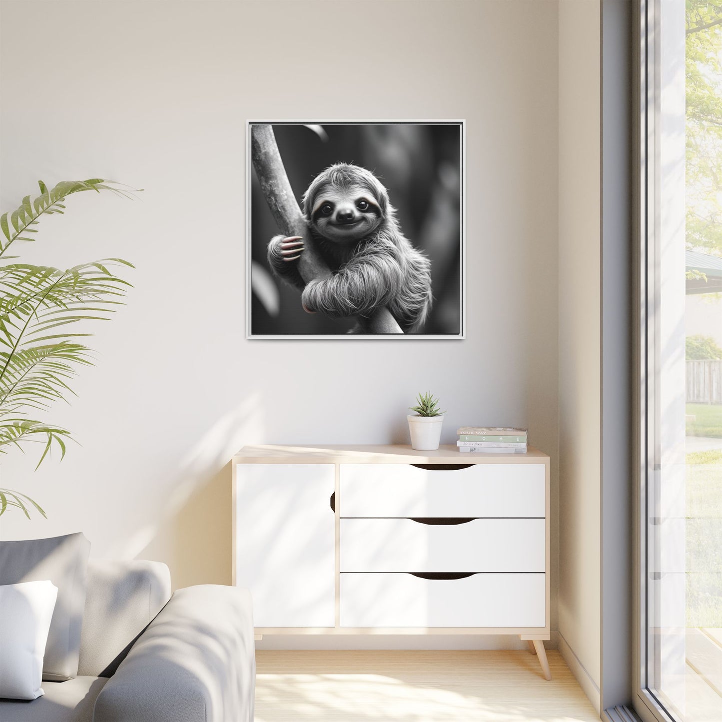 Framed black and white sloth print on a wall above a white cabinet.