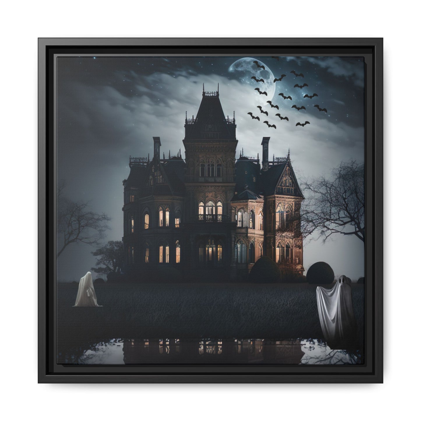 Framed artwork of a haunted house with ghosts and bats at night.
