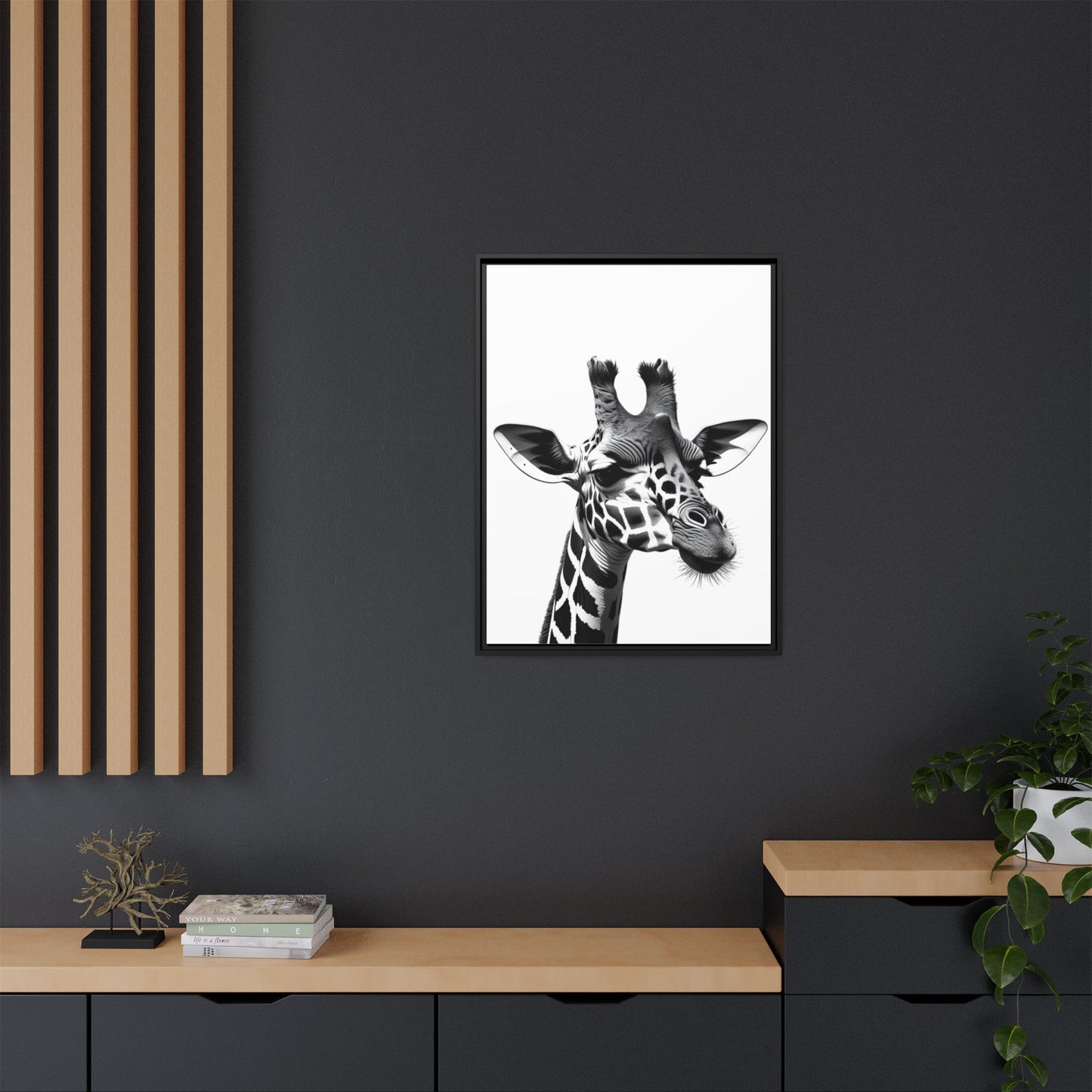 Black and White Giraffe Wall Art – Framed Safari Animal Canvas Print