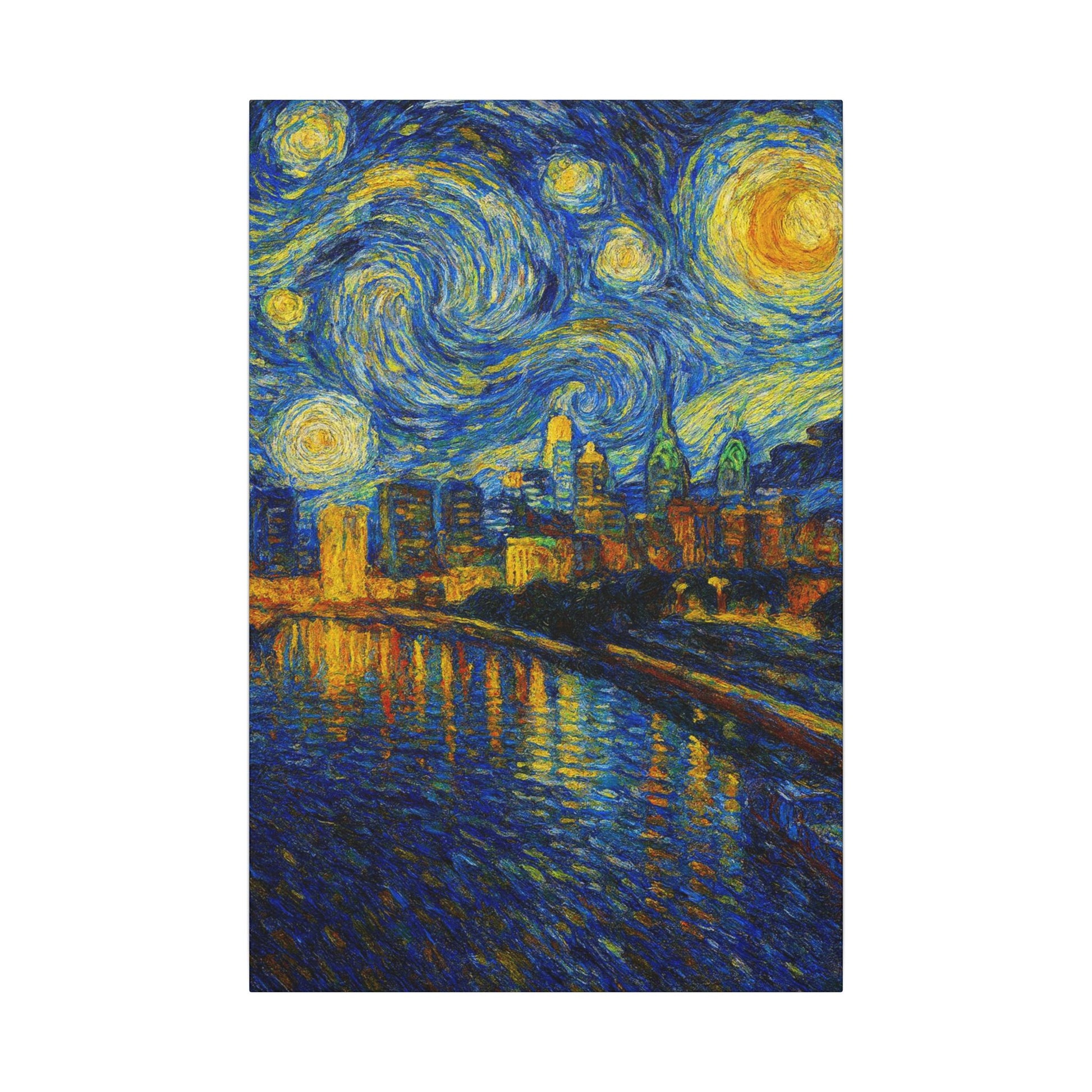 Starry night cityscape with swirling stars over a river and buildings.