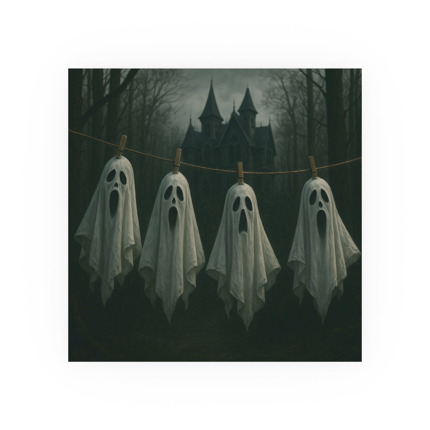 Four ghostly figures hanging on a line with a spooky castle in the background.