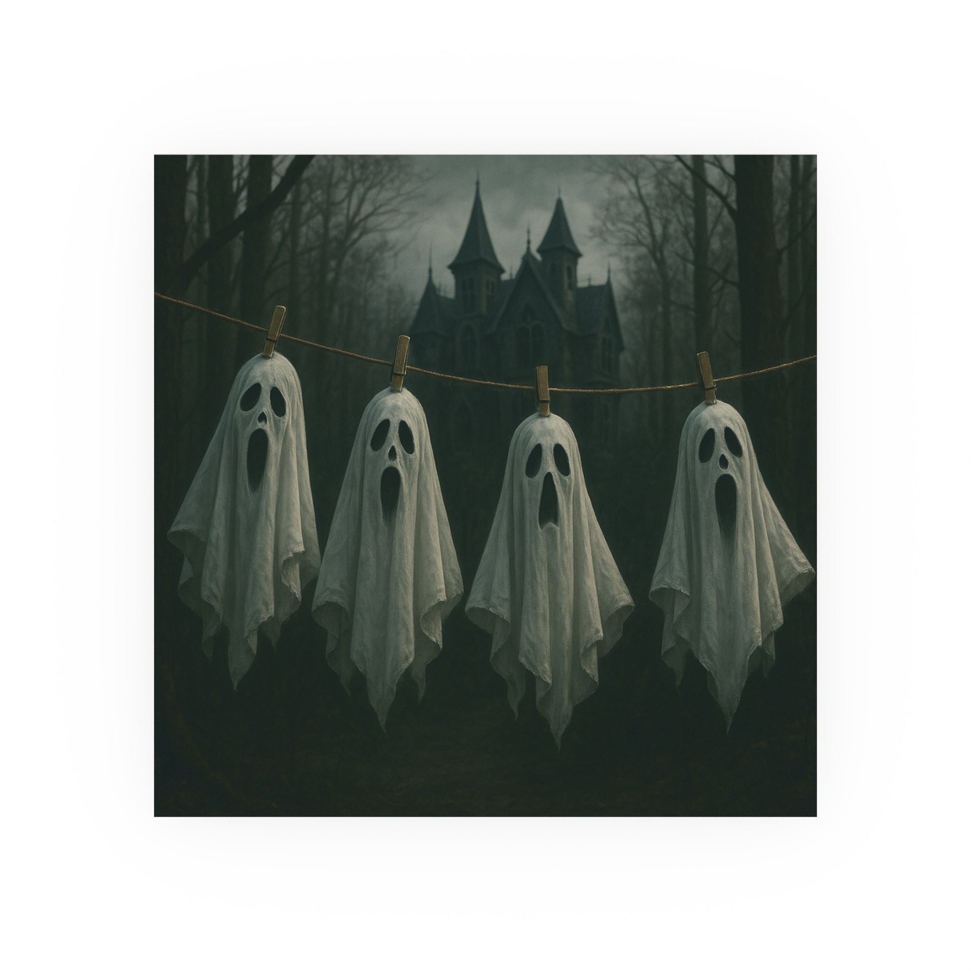 Four ghostly figures hanging on a line with a spooky castle in the background.