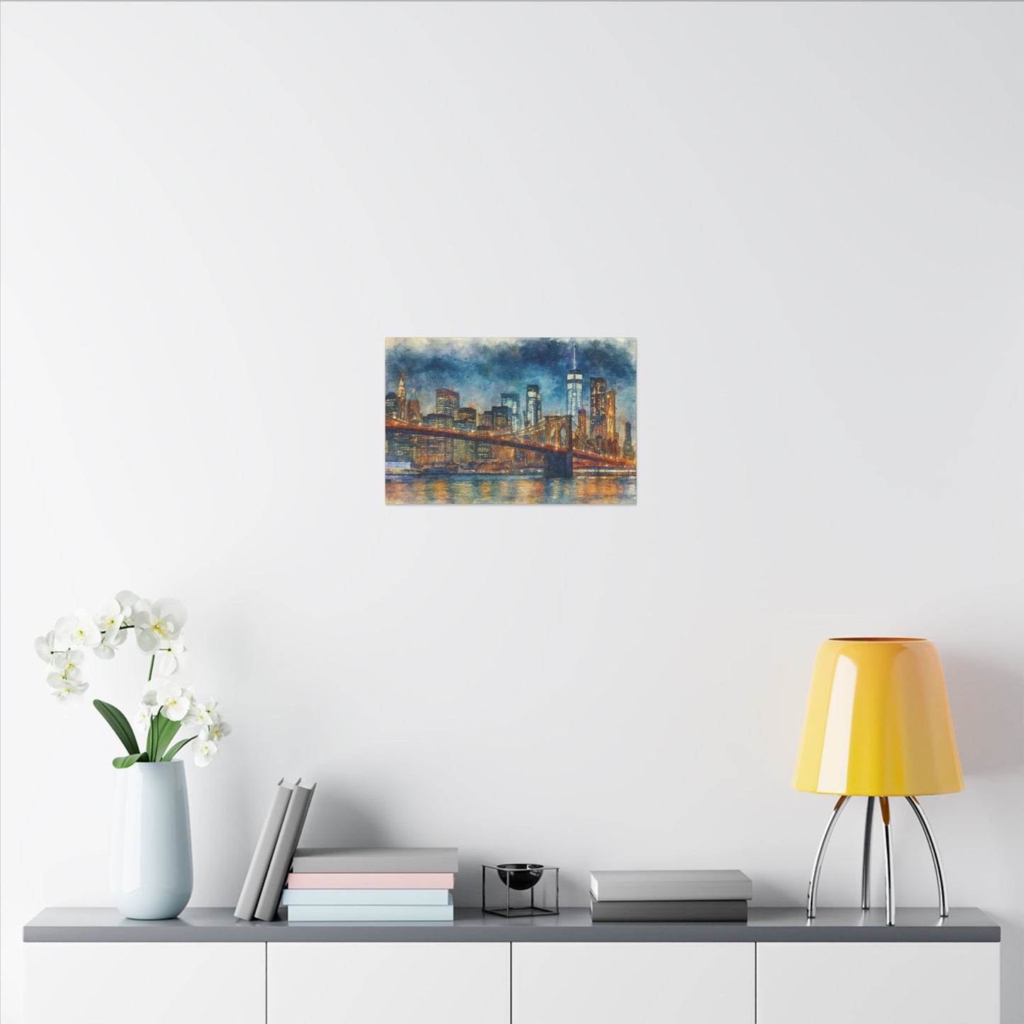 NYC Skyline Watercolor Art Print, Brooklyn Bridge Night Painting, New York City Wall Decor, Skyline Canvas Print, Urban Landscape