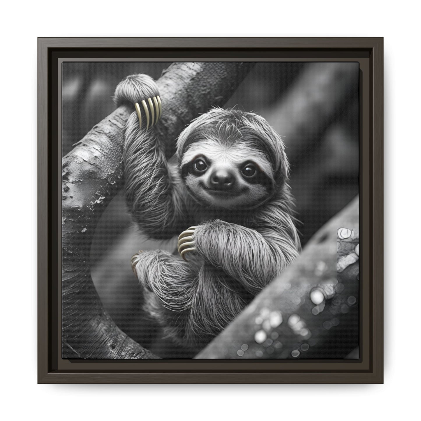 Smiling Sloth Hanging on Tree Branch Wall Art on Framed Canvas, Sloth Lover Gift, Nursery Decor, Wildlife Artwork