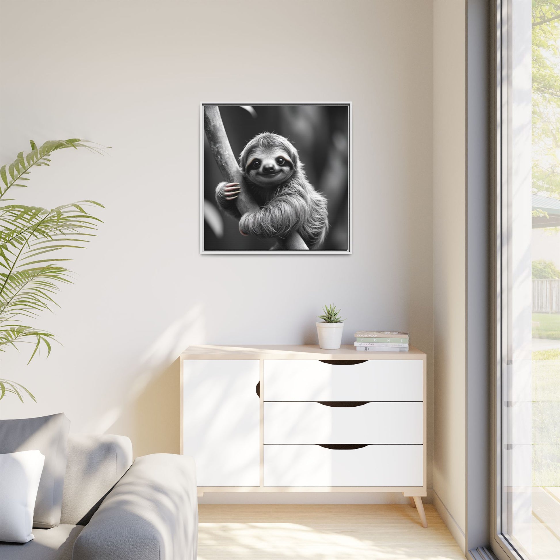 Framed black and white sloth print on a wall above a white cabinet with a plant and books.