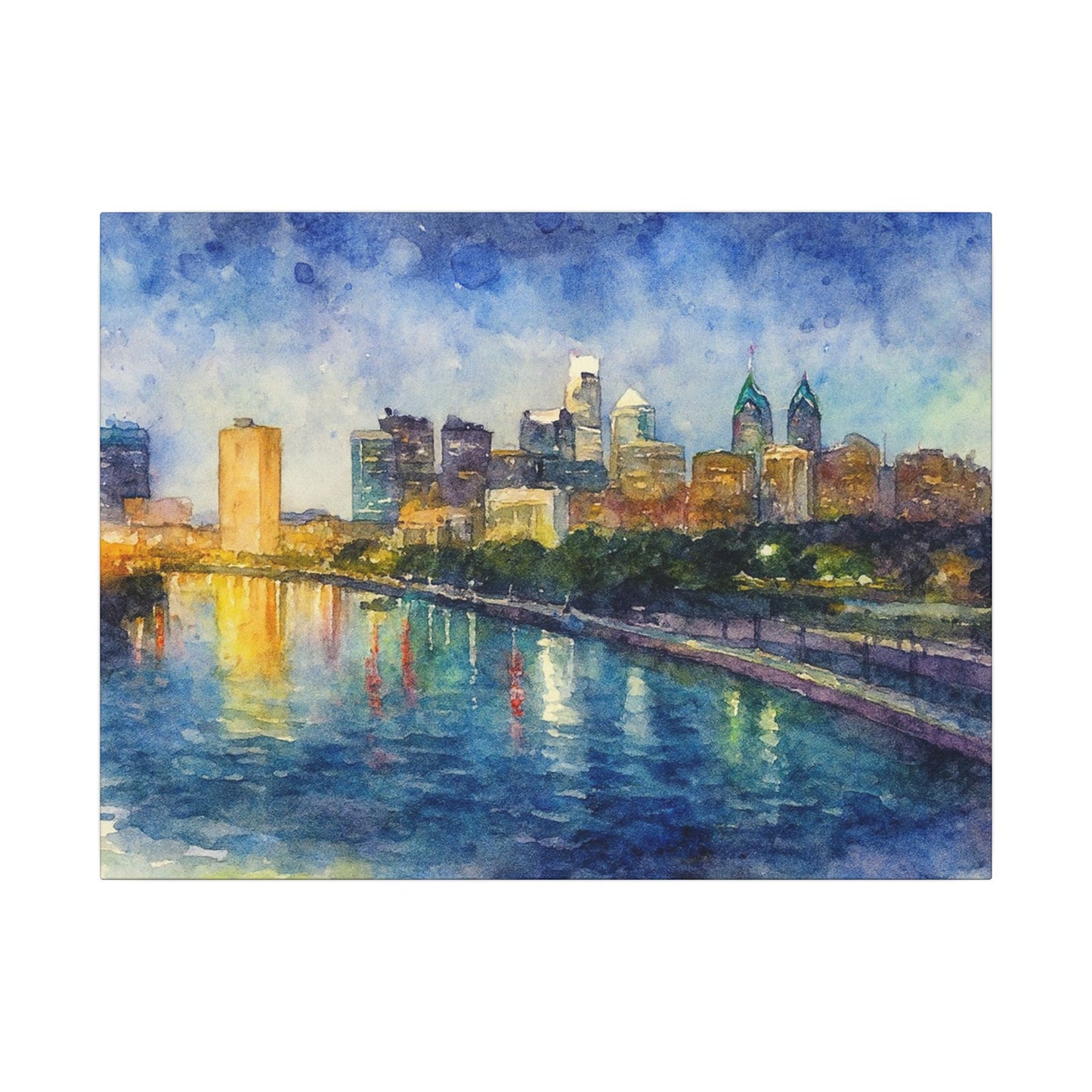 City skyline reflected in water with a colorful sky