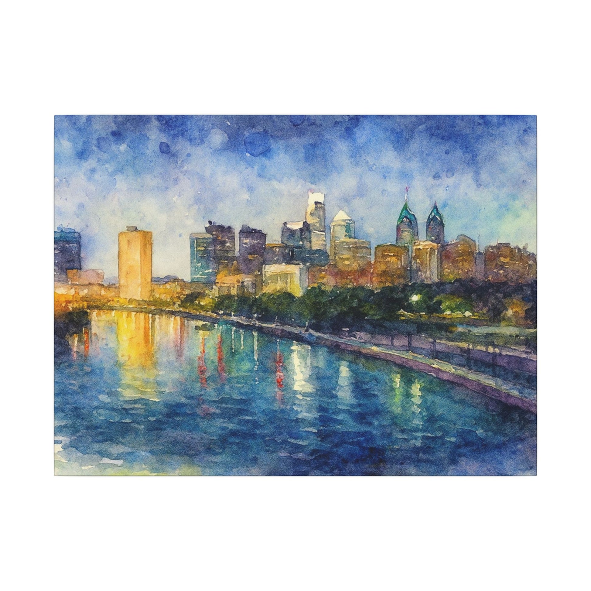 City skyline reflected in water with a colorful sky