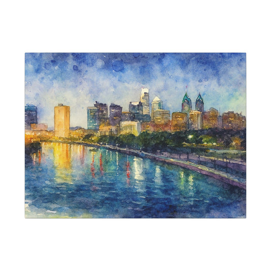 City skyline reflected in water with a colorful sky