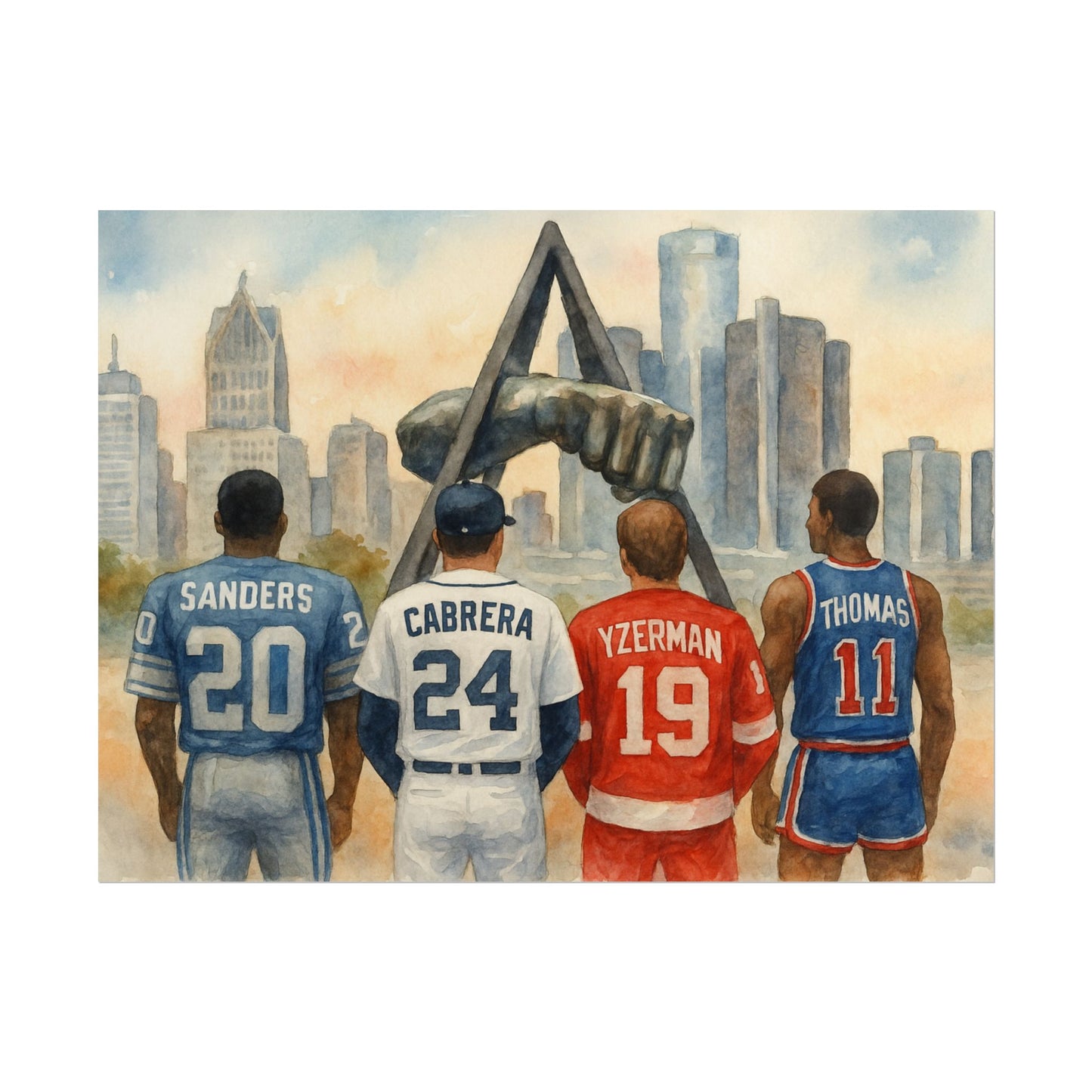 Four athletes in sports jerseys with a cityscape background