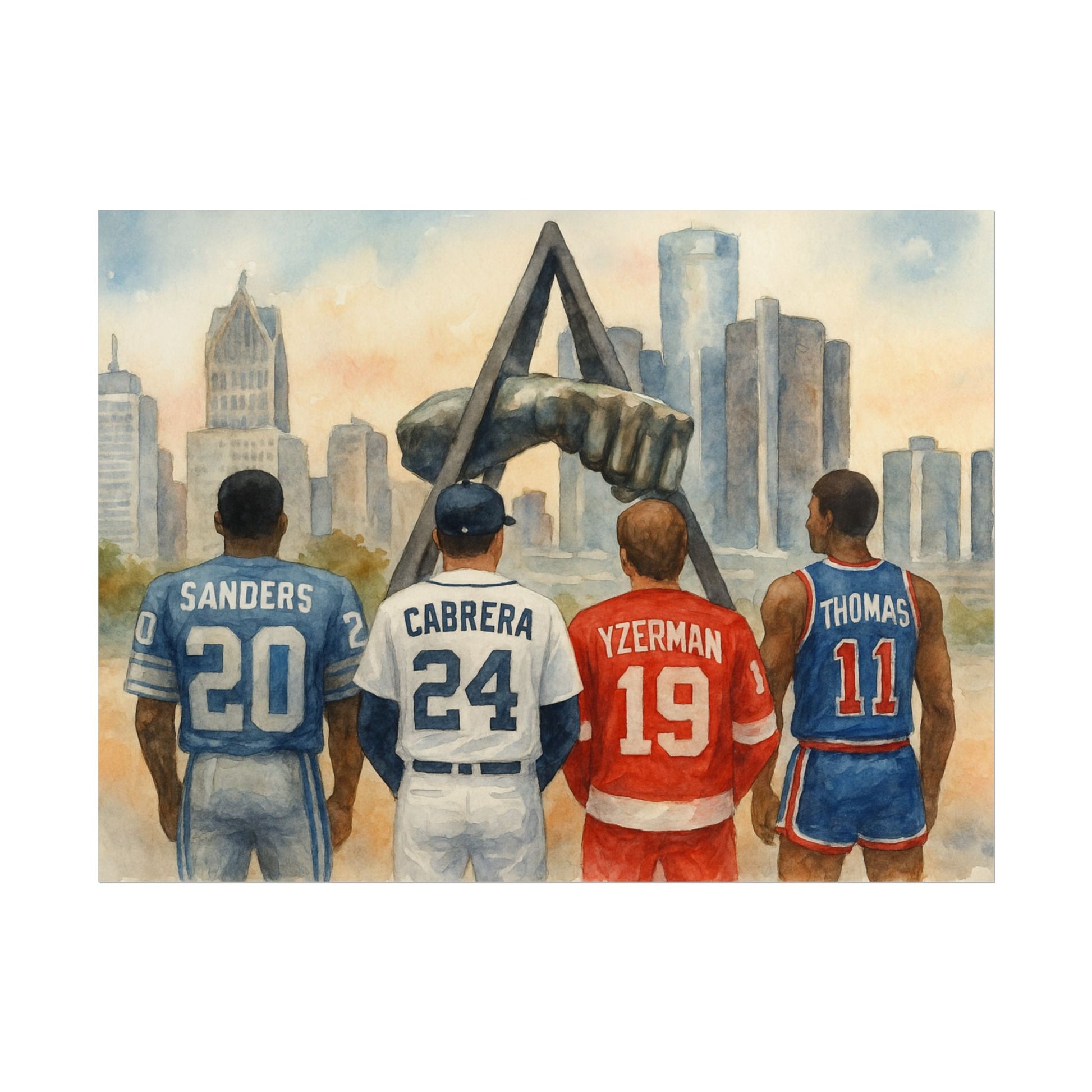 Four athletes in sports jerseys with a cityscape background