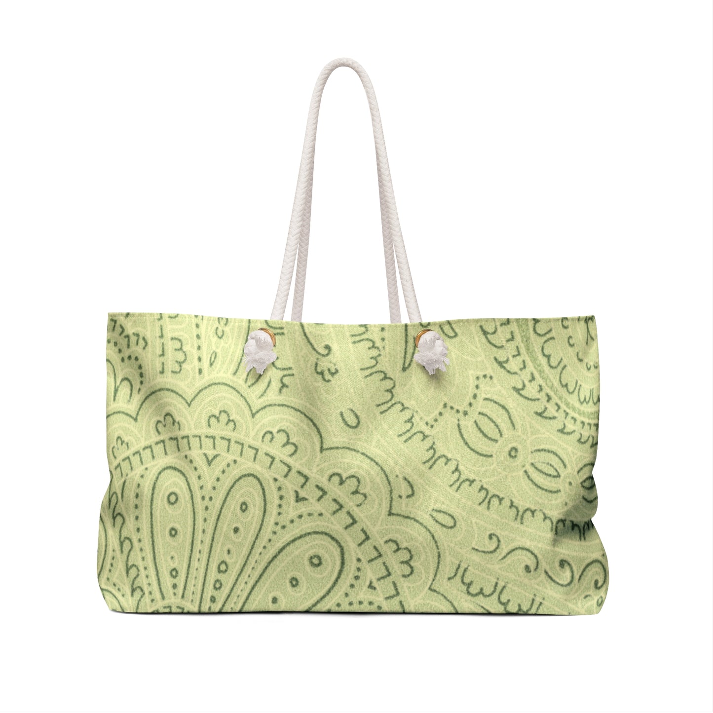 Green patterned tote bag with white handles on a white background