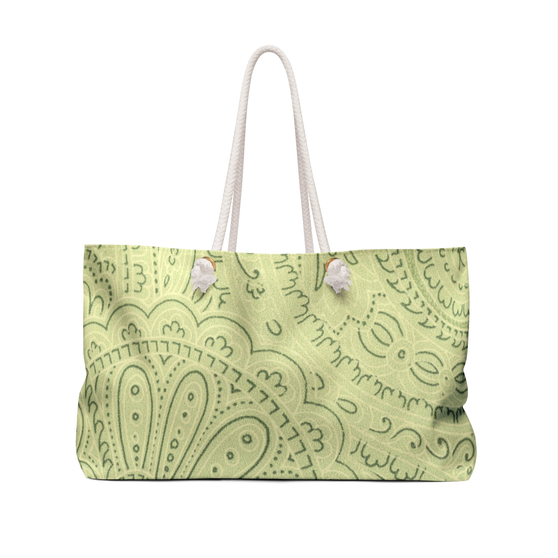 Green patterned tote bag with white handles on a white background