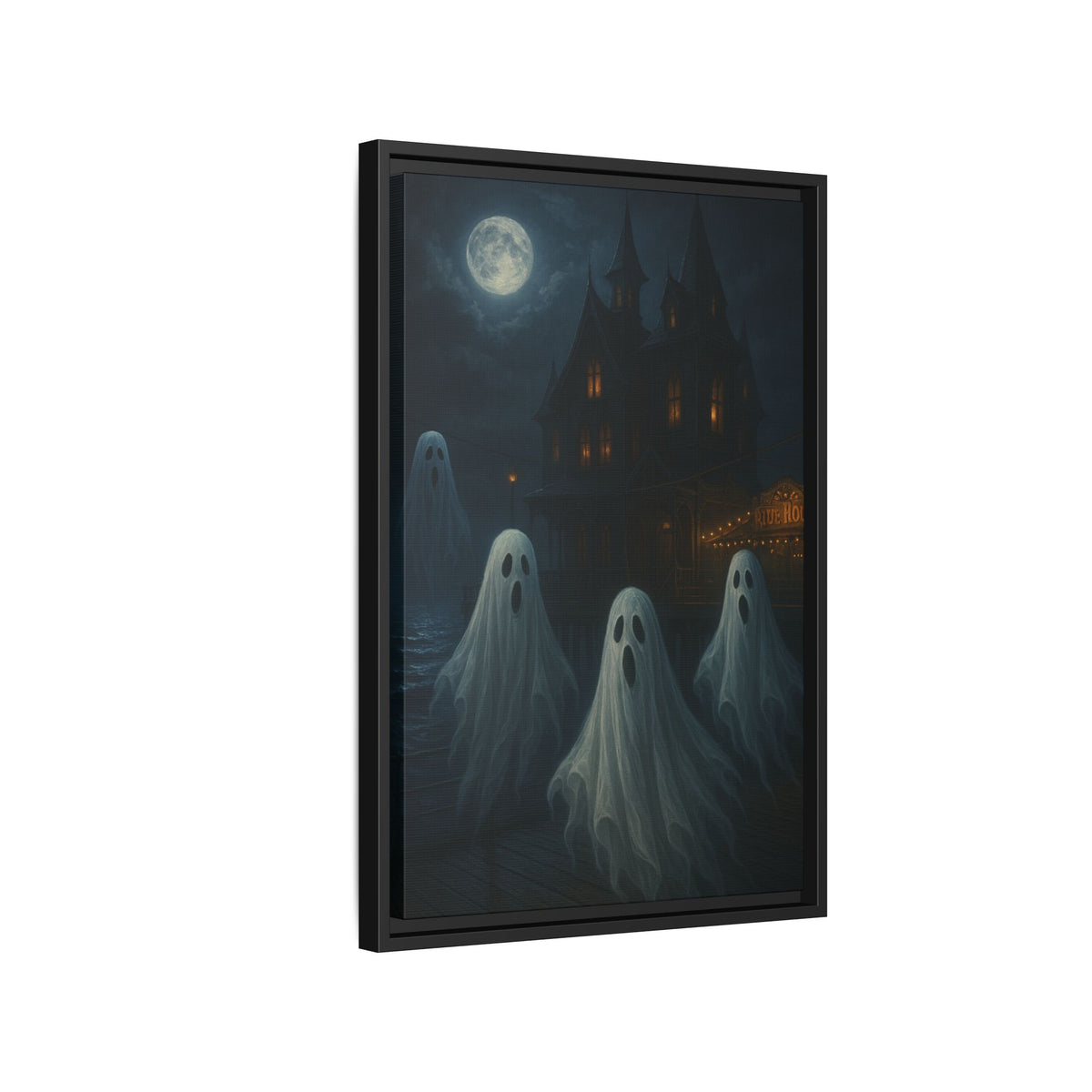 Haunted House Ghost Canvas Wall Art – Spooky Halloween Framed Art, Vintage Horror Decor, Gothic Night Scene Print