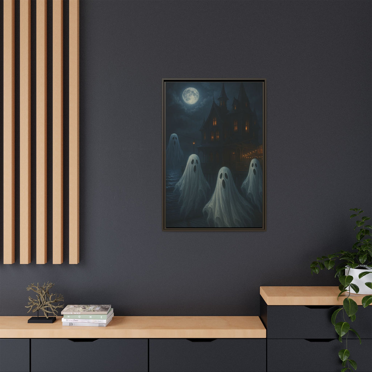 Haunted House Ghost Canvas Wall Art – Spooky Halloween Framed Art, Vintage Horror Decor, Gothic Night Scene Print