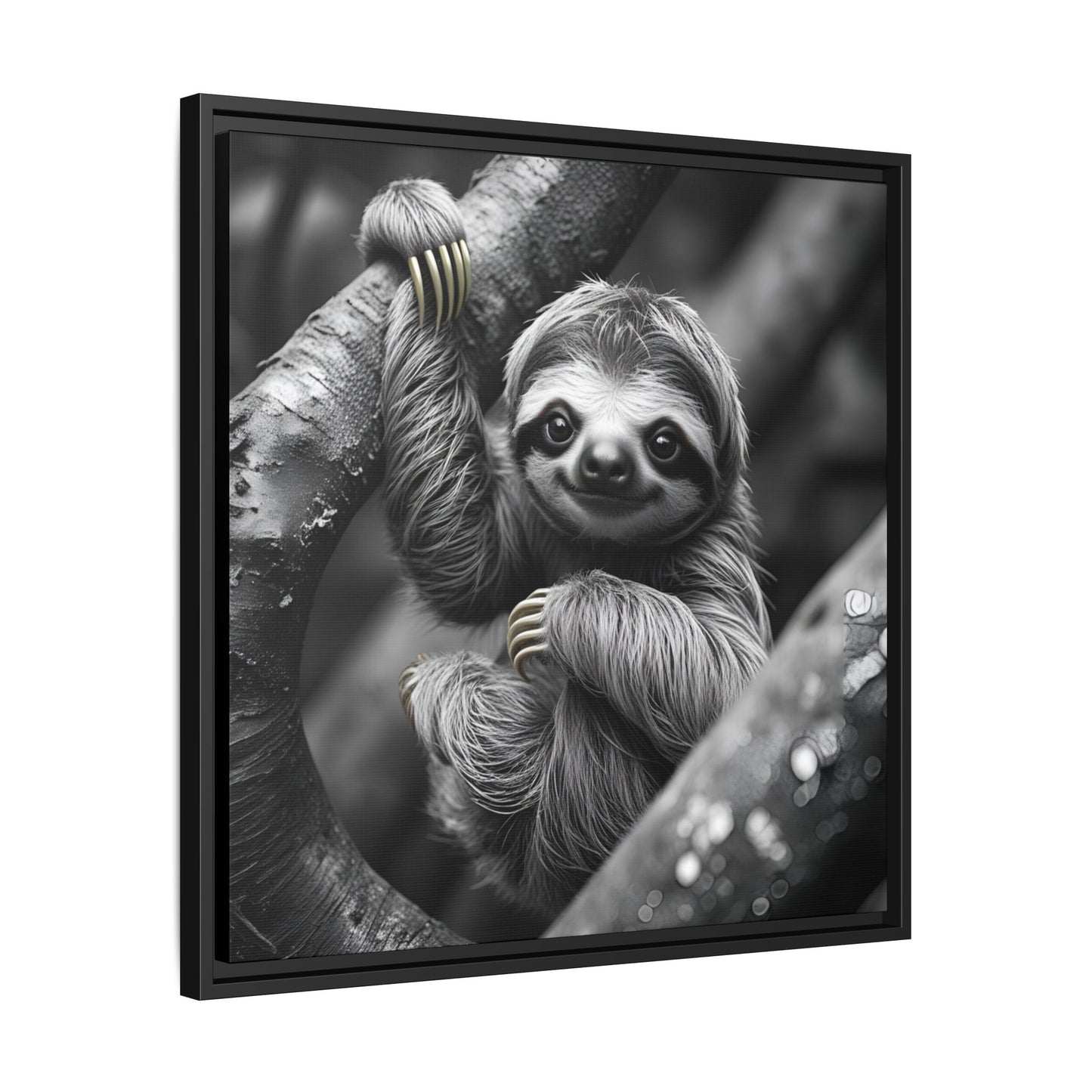Smiling Sloth Hanging on Tree Branch Wall Art on Framed Canvas, Sloth Lover Gift, Nursery Decor, Wildlife Artwork