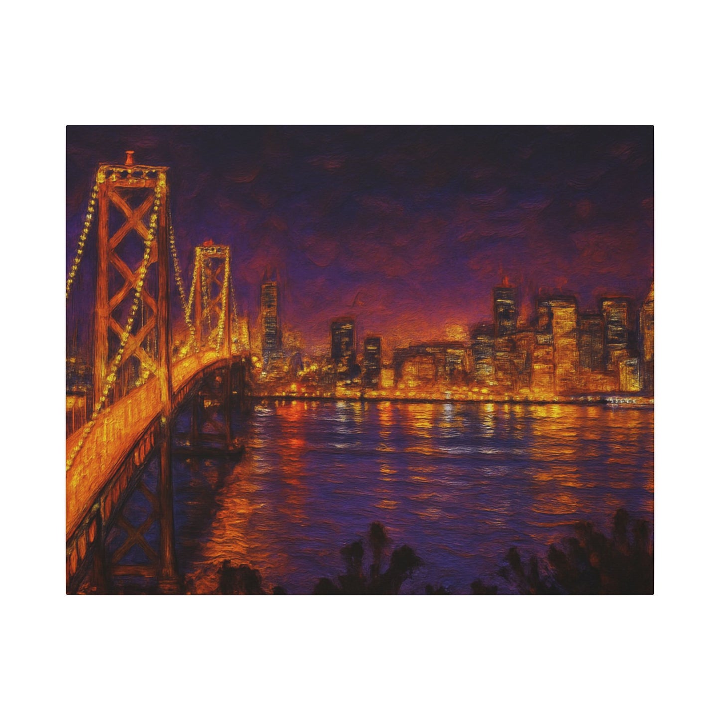 Cityscape with a bridge at night, illuminated by lights.