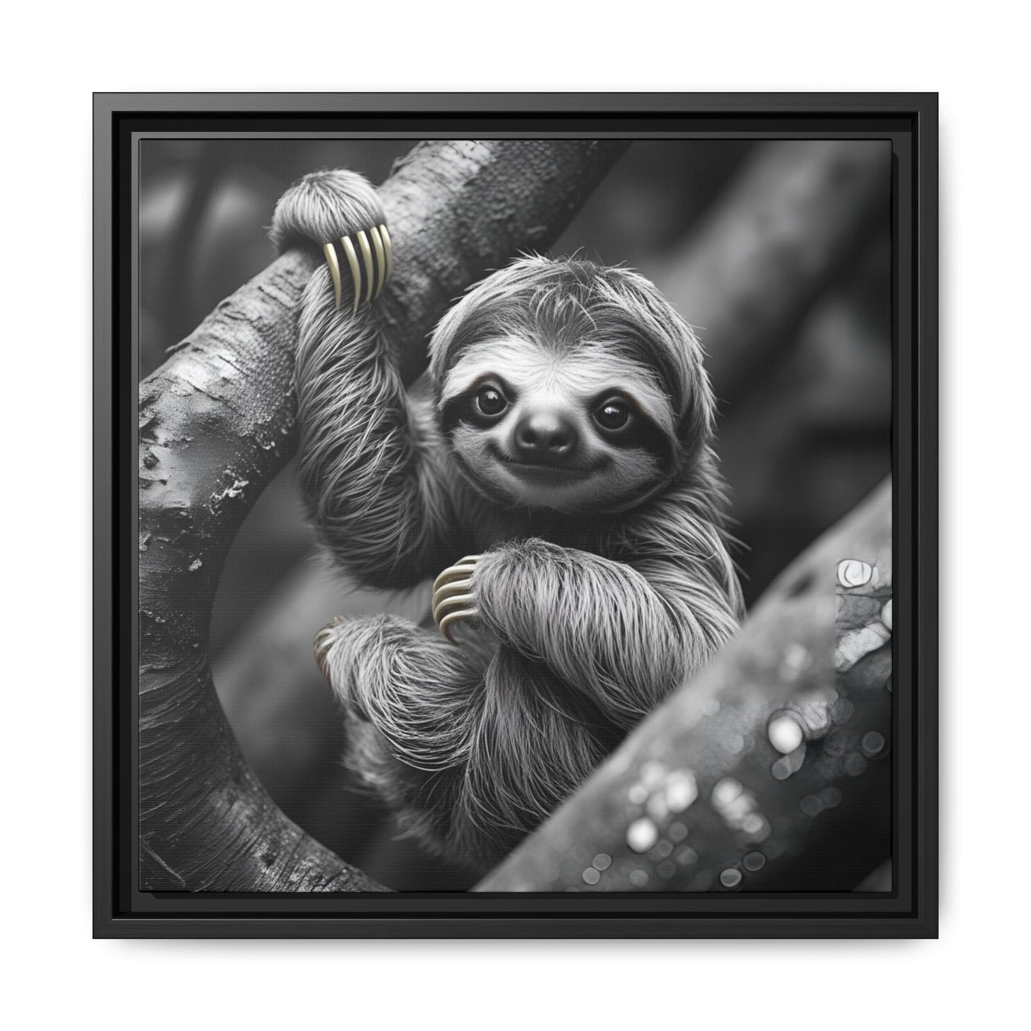 Smiling Sloth Hanging on Tree Branch Wall Art on Framed Canvas, Sloth Lover Gift, Nursery Decor, Wildlife Artwork
