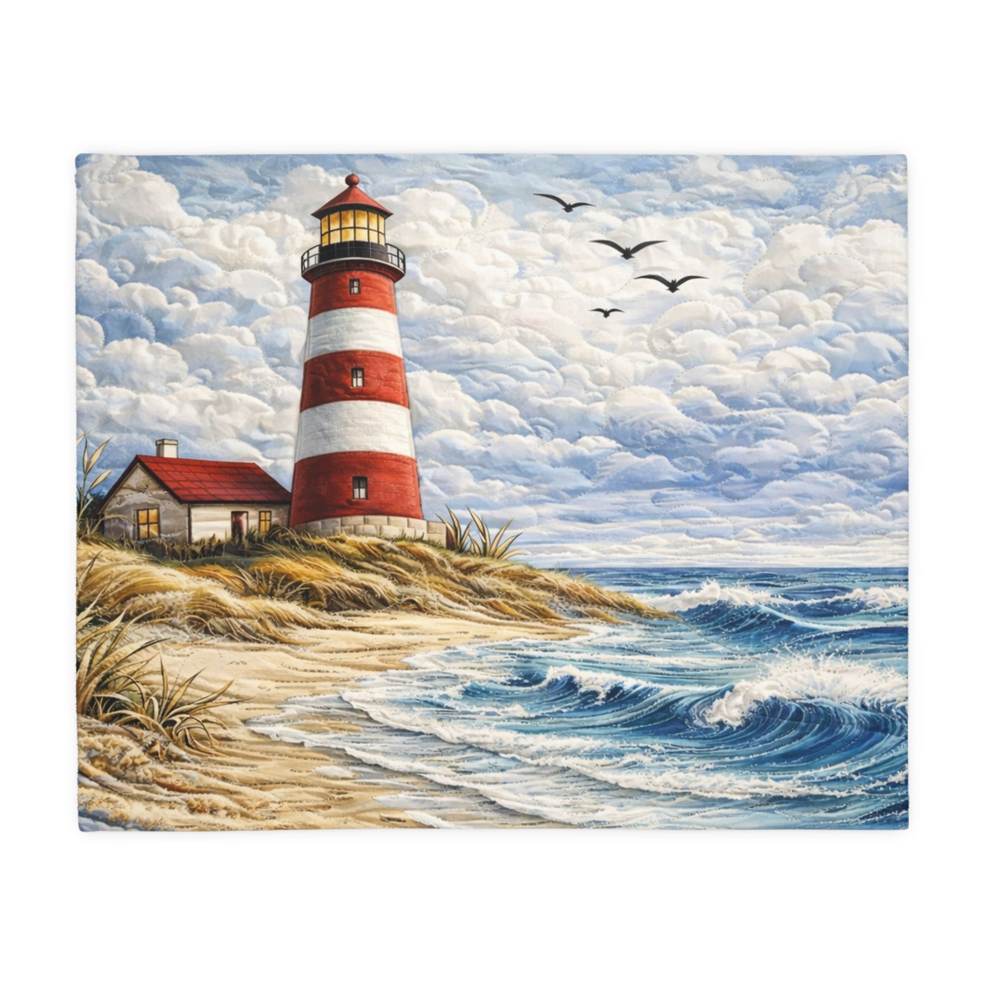 Painting of a lighthouse on a cliff with waves and seagulls.