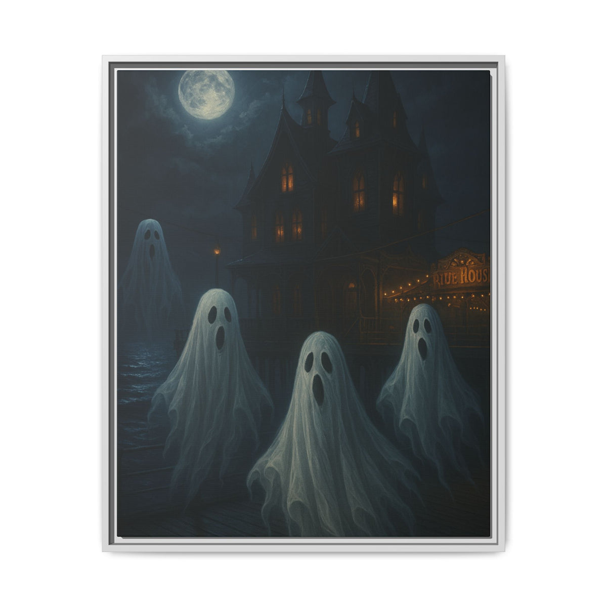 Haunted House Ghost Canvas Wall Art – Spooky Halloween Framed Art, Vintage Horror Decor, Gothic Night Scene Print