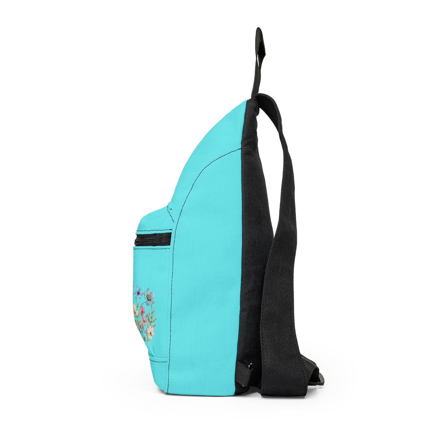 Turquoise sling bag with floral embroidery on a white background