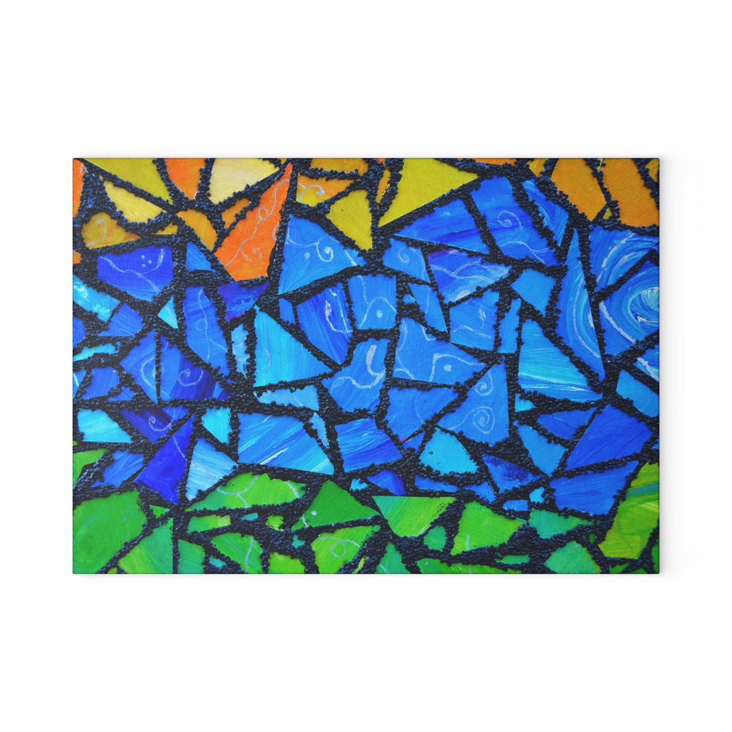 Mosaic artwork with blue, green, and orange colors on a white background